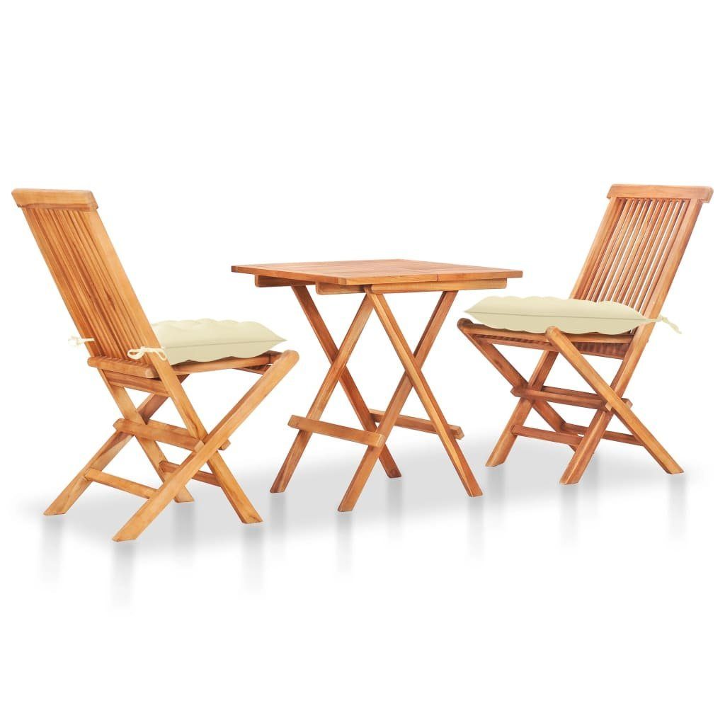 vidaXL Gartenlounge-Set 3-tlg. Bistro-Set mit Cremeweißen Kissen Massivholz Teak, (3-tlg)