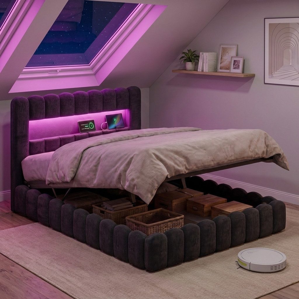 PXloue Polsterbett Doppelbett Jugendbett (ohne Matratze), Stauraumbett, Bettkasten, LED-Beleuchtung, USB-Anschluss, 160x200 cm
