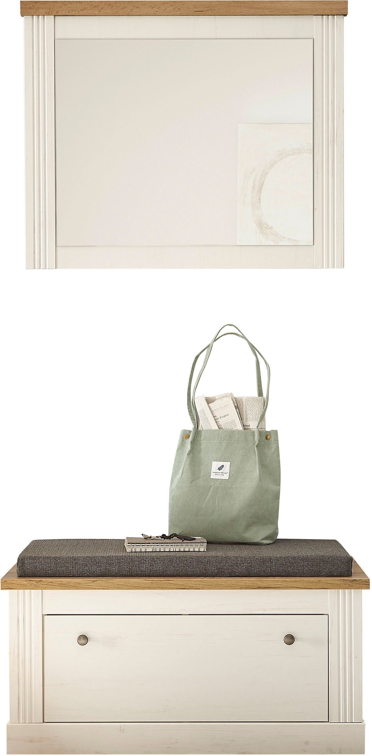 OTTO home Garderoben-Set Westminster, Garderobe im Landhausstil, Komplettset mit viel Stauraum, (2-St), enthält Schuhbank +Sitzkissen und Spiegel, in 2 Farben erhältlich