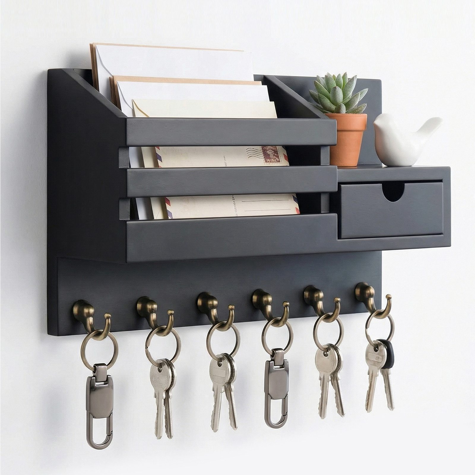 BlingBin Schlüsselbrett Schlüsselablage mit 6 Haken und Aufbewahrungsschublade, Wandregal, (1er Set, 1 St., Produktabmessungen: 18 x 10 x 30 cm), Wand Schlüsselhaken für Eingang Wohnzimmer Flur Büro, Schwarz