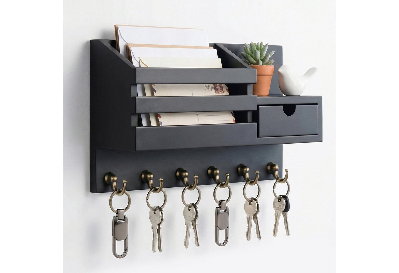 BlingBin Schlüsselbrett Schlüsselablage mit 6 Haken und Aufbewahrungsschublade, Wandregal, (1er Set, 1 St., Produktabmessungen: 18 x 10 x 30 cm), Wand Schlüsselhaken für Eingang Wohnzimmer Flur Büro, Schwarz