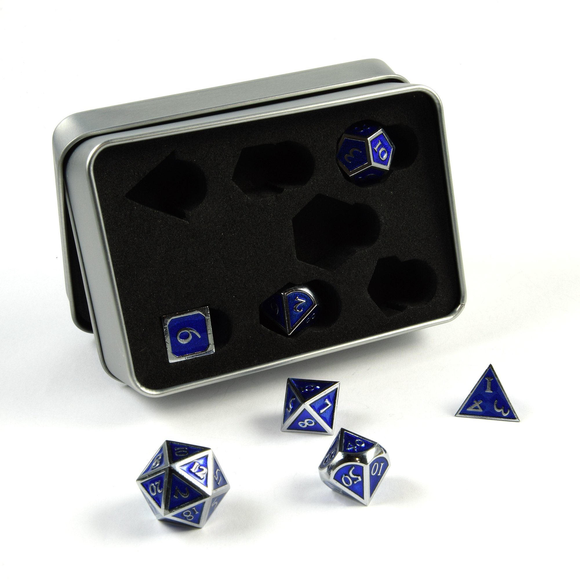 SHIBBY Spielesammlung, 7 polyedrische Metall-DND-Würfel in Steampunk Optik, inkl. Aufbewahrungsbox Silber/Blau