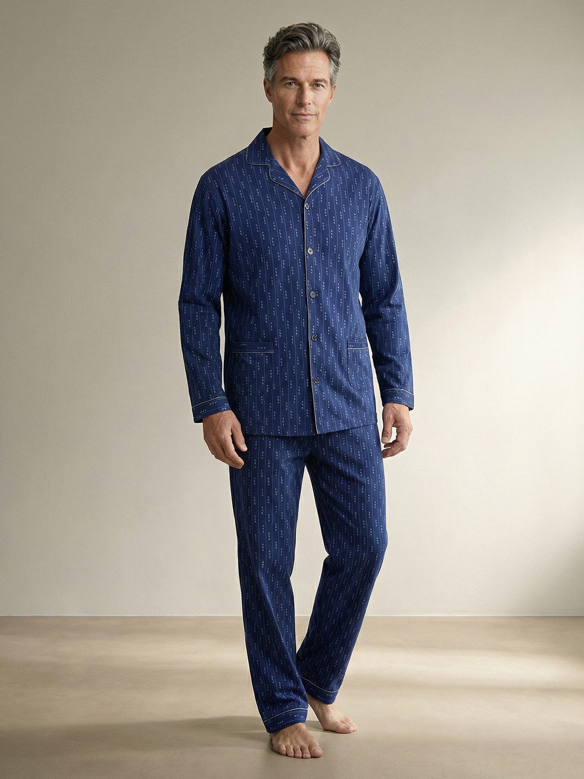 Lucky Pyjama Langarm- elegante Streifen farbliche Paspel Hemdkragen 2 Taschen