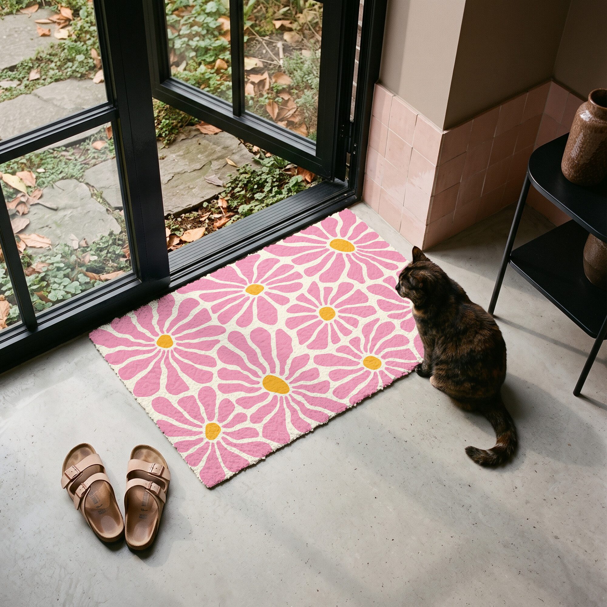 MuchoWow Fußmatte Blumen - Muster - Rosa - Beige - Orange, Rechteckig, innen Schmutzfangmatte, Tür, Schmutzfänger Flur, Teppich 60x40 cm – Bild 4 von 5