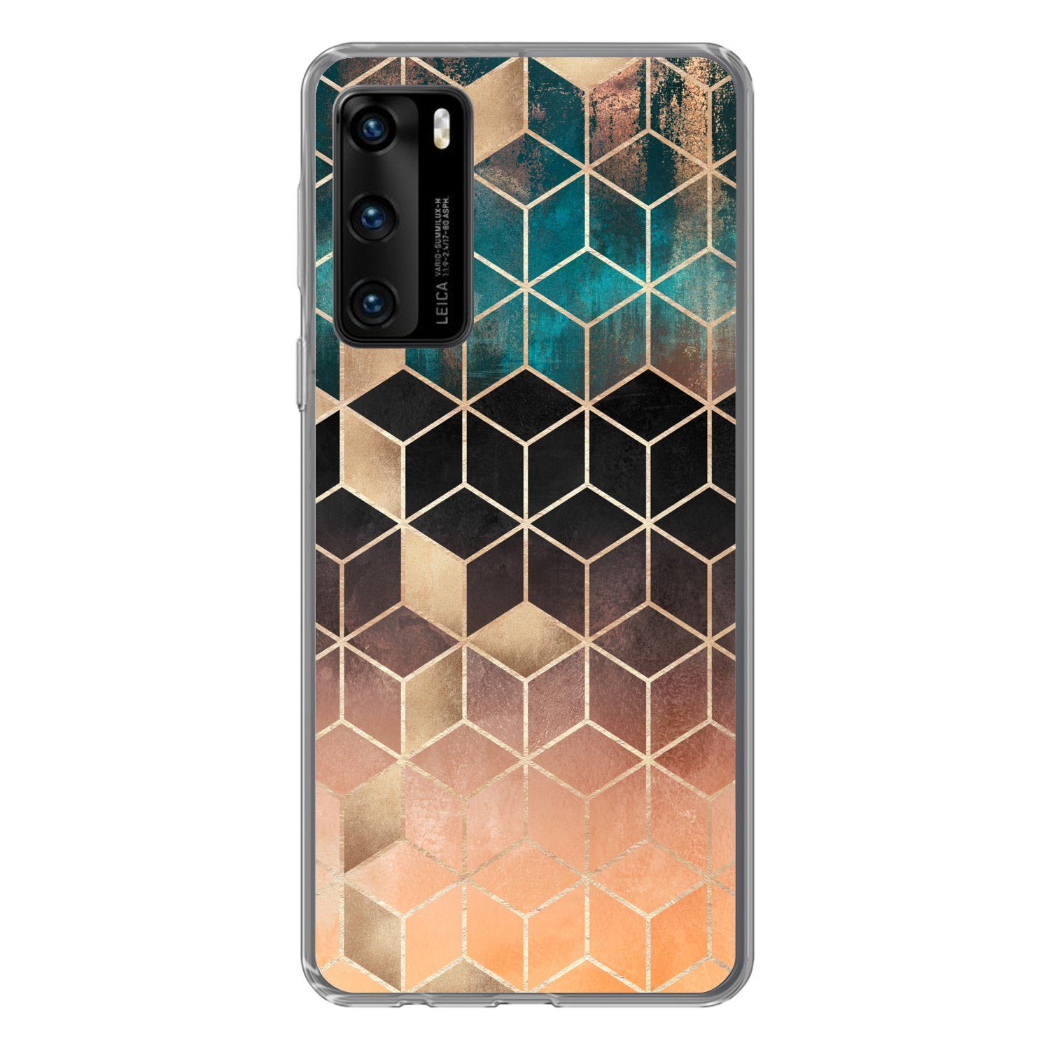 MuchoWow Handyhülle für Huawei P40 Abstrakt - Würfel - Gold - Muster - Luxus, Handy Case, Silikon, Bumper Case Dünn