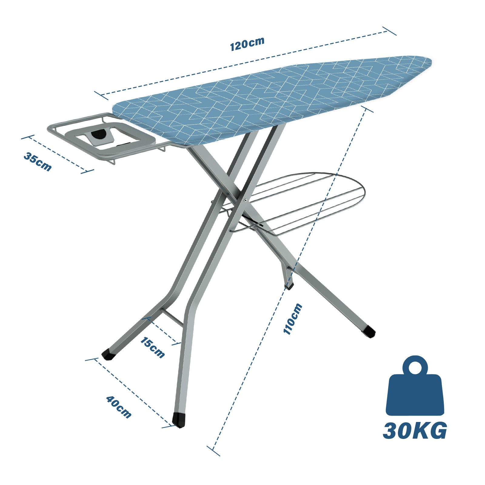 DEWINNER Bügelbrett XXL 120 × 45 cm klappbar höhenverstellbar, Bügelfläche 45x120 cm, Sicherheitsverschluss, Ablage f. Dampfbügeleisen – Bild 4 von 5