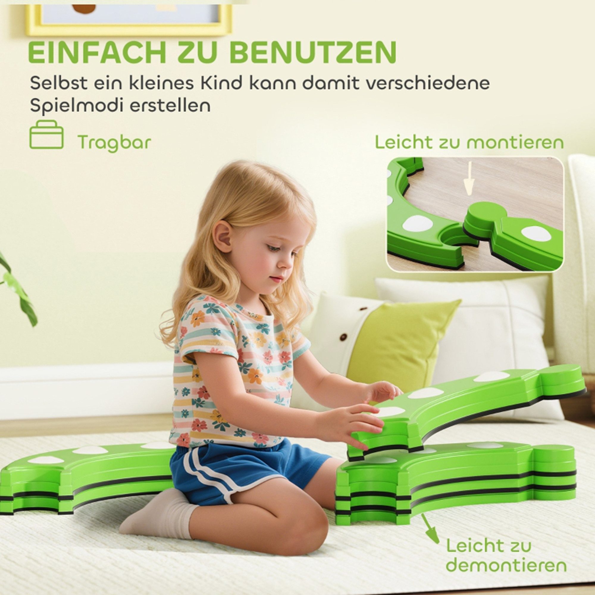 MC Star Balancetrainer Balancebalken, 6 gebogene Segmente, sensorische Erhebungen, 50 kg Tragkraft, Grün