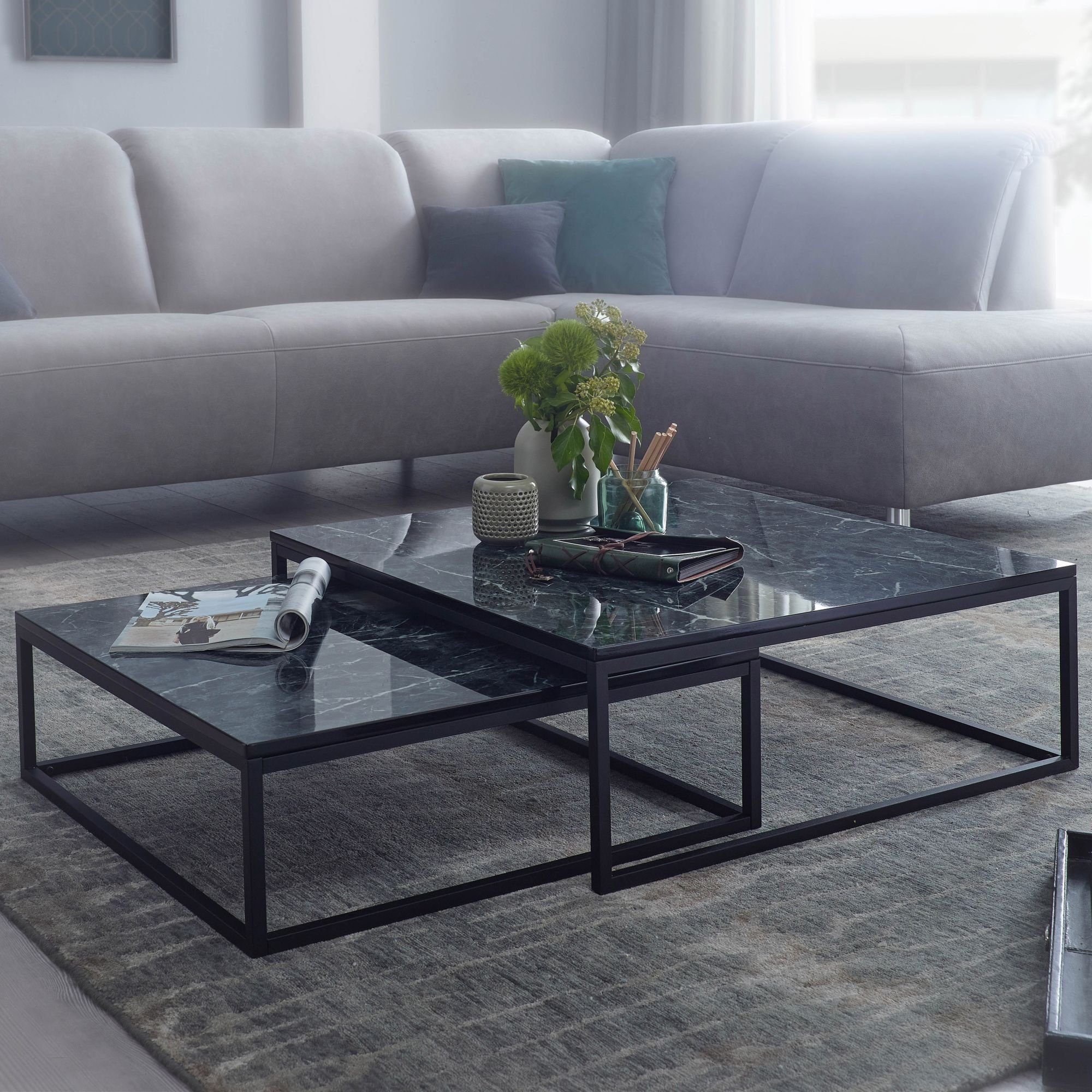 möbelando Couchtisch Design Couchtisch 2er Set Schwarz Marmor Optik Eckig, Couchtische (2er Set), 75 cm (L)