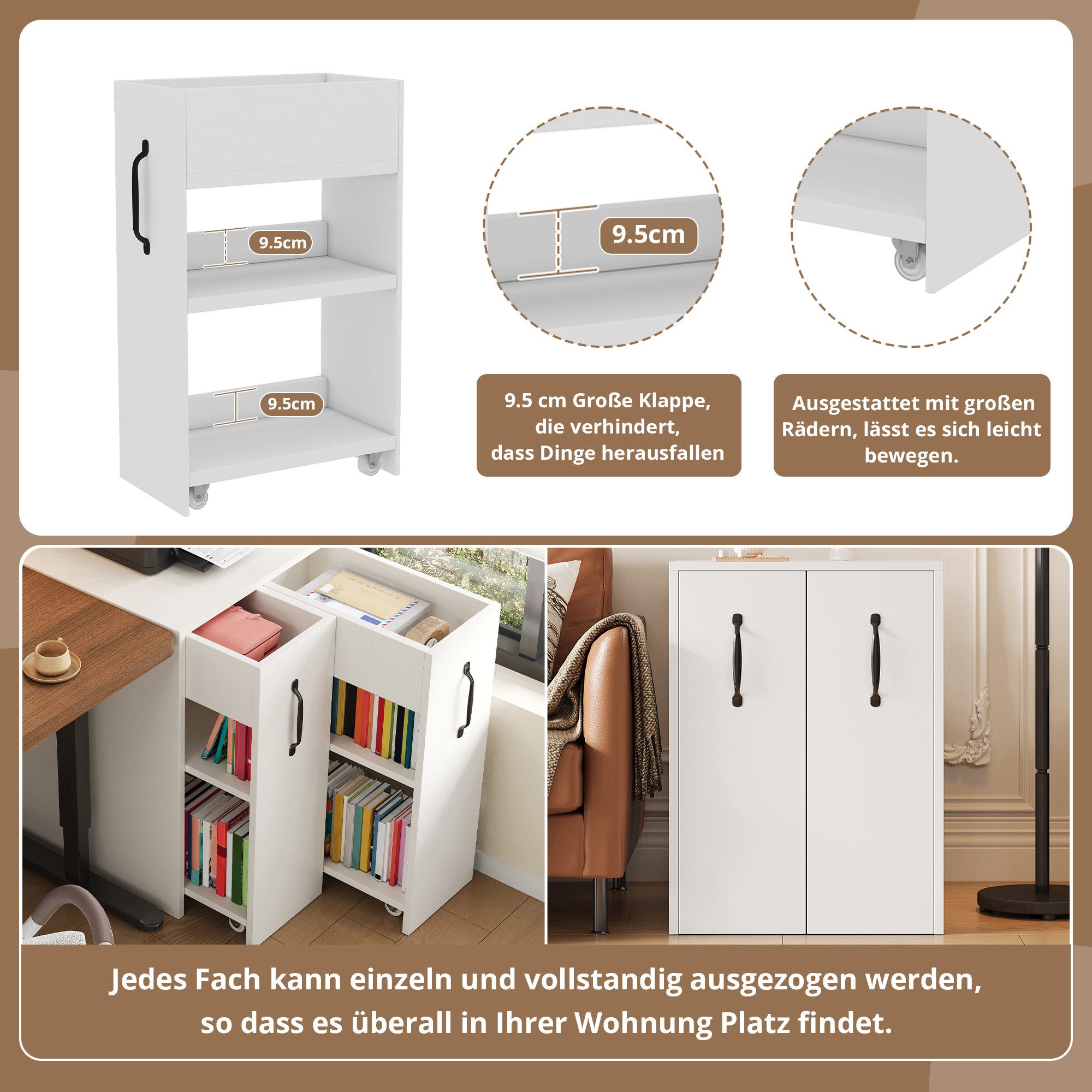 Flieks Bücherregal mit Rollen und 2 Schubladen Weiß/Schwarz, B52/T50/H75 cm 1-tlg., Mehrzweckschrank mit 6 Fächern Büroschrank Holzschrank Beistellschrank – Bild 4 von 5