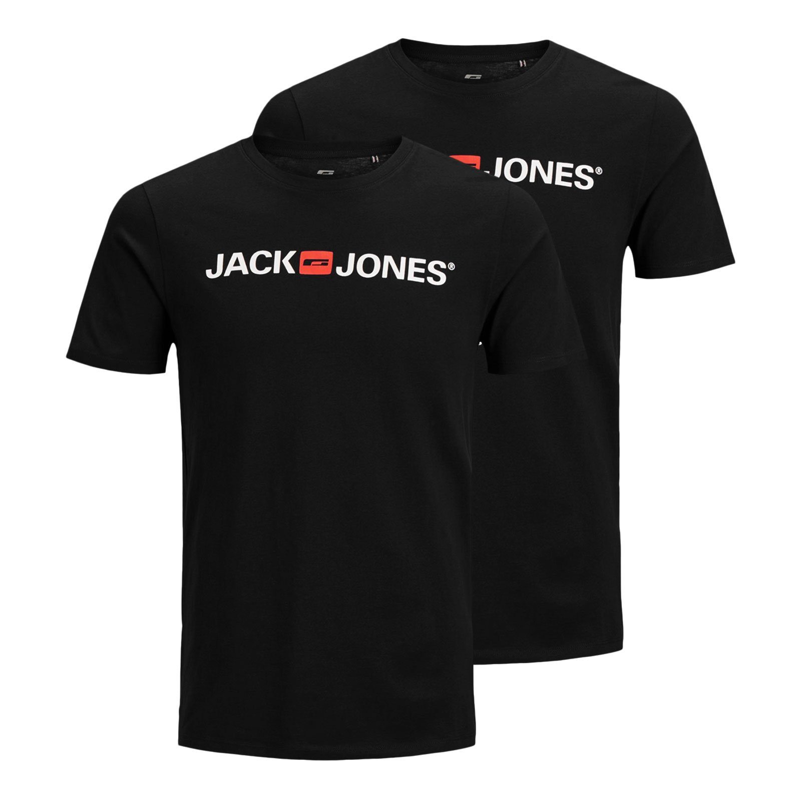 Neck mit Pack Logo Jack black Markenschriftzug 2er Crew Jones Tee & / T-Shirt black