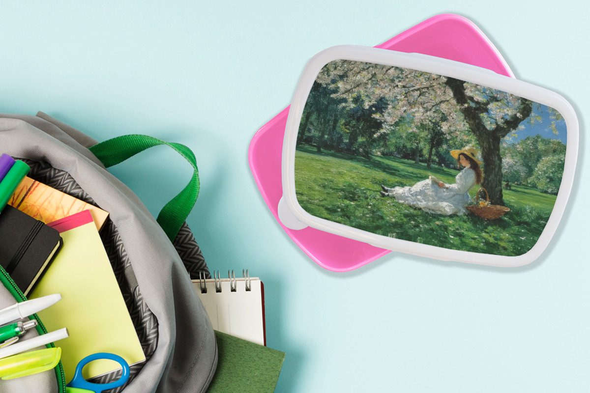 MuchoWow Lunchbox Frau - Baum - Buch - Korb, Kunststoff, (2-tlg), Brotdosen, Lunch Box, Brotbox für Kinder und Erwachsene