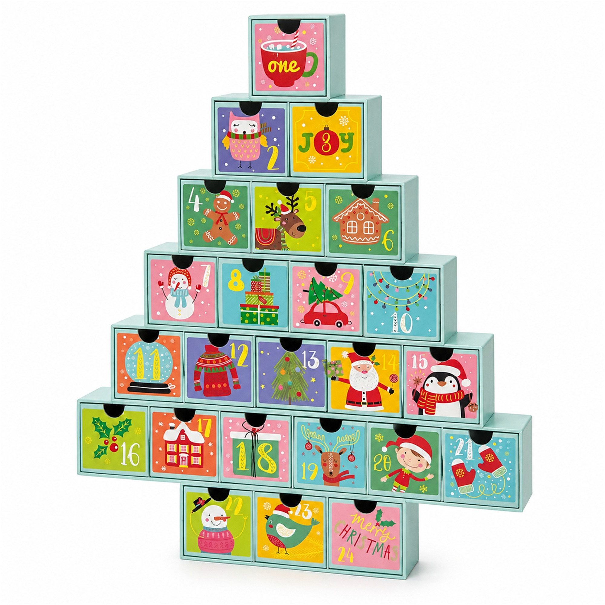 INtrenDU befüllbarer Adventskalender Tannenbaum für Kinder, 47 cm hoch, 24 Schubladen mit bunten Motiven