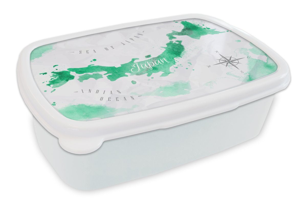 MuchoWow Lunchbox Weltkarte - Grün - Windrose, Kunststoff, (2-tlg), Brotbox für Kinder und Erwachsene, Brotdose, für Jungs und Mädchen weiß