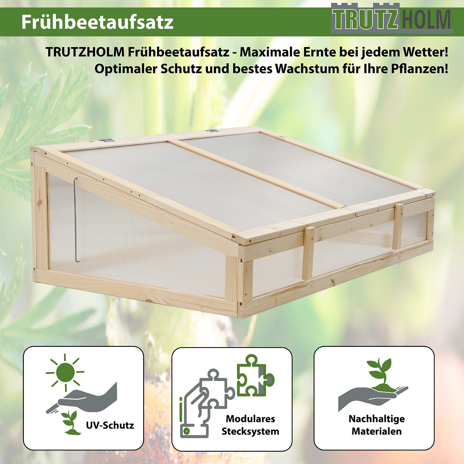 TRUTZHOLM Frühbeetaufsatz Frühbeetaufsatz aus Holz 120x80cm Gewächshaus für Hochbeet natur, BxTxH: 120 x 80 x 42 cm, nicht zutreffend