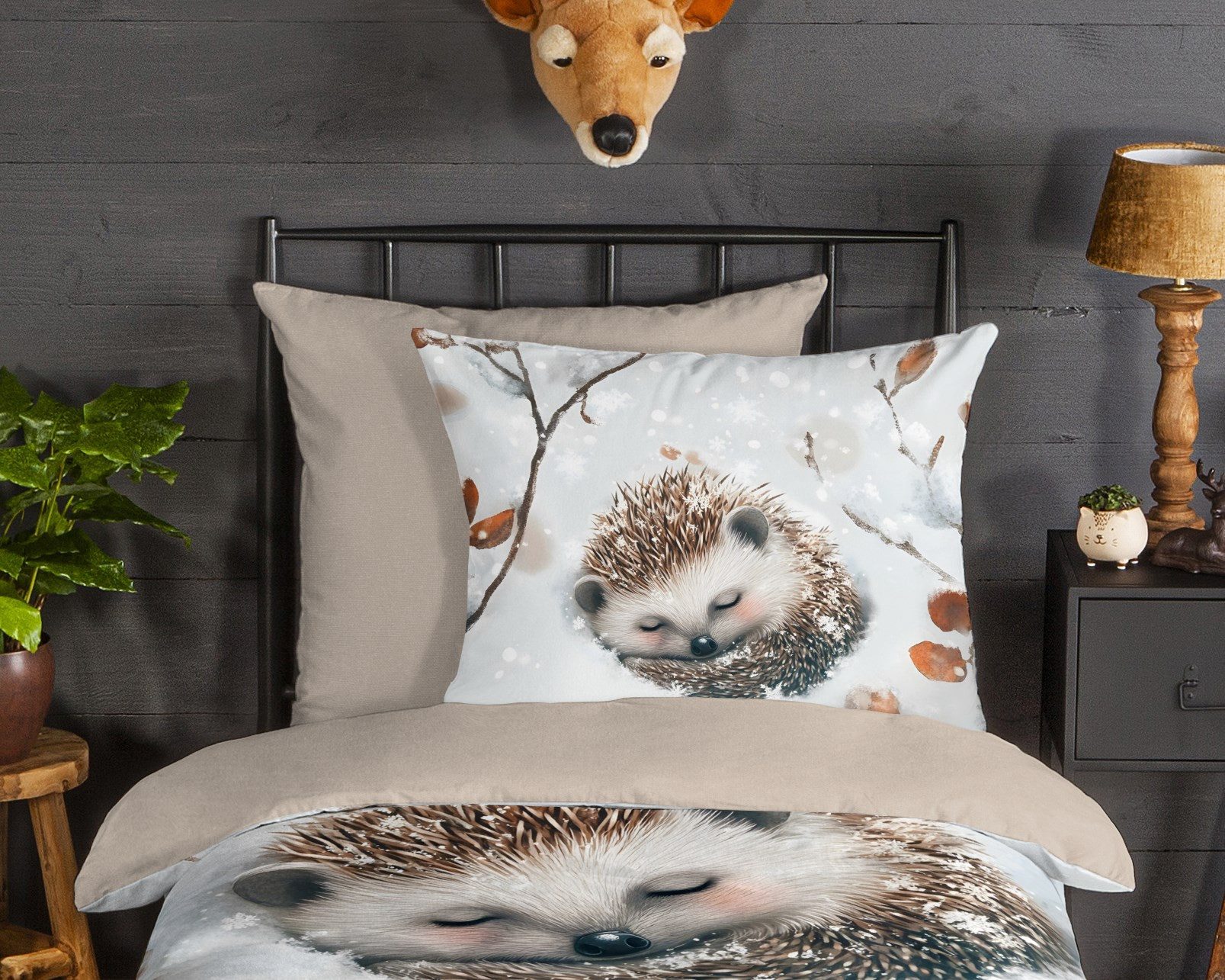 good morning Kinderbettwäsche Jussi, Biber, Flanell, 2 teilig, Flanell Biber, 135x200, Warm, Reißverschluss, Wende, Kind, Igel – Bild 3 von 5