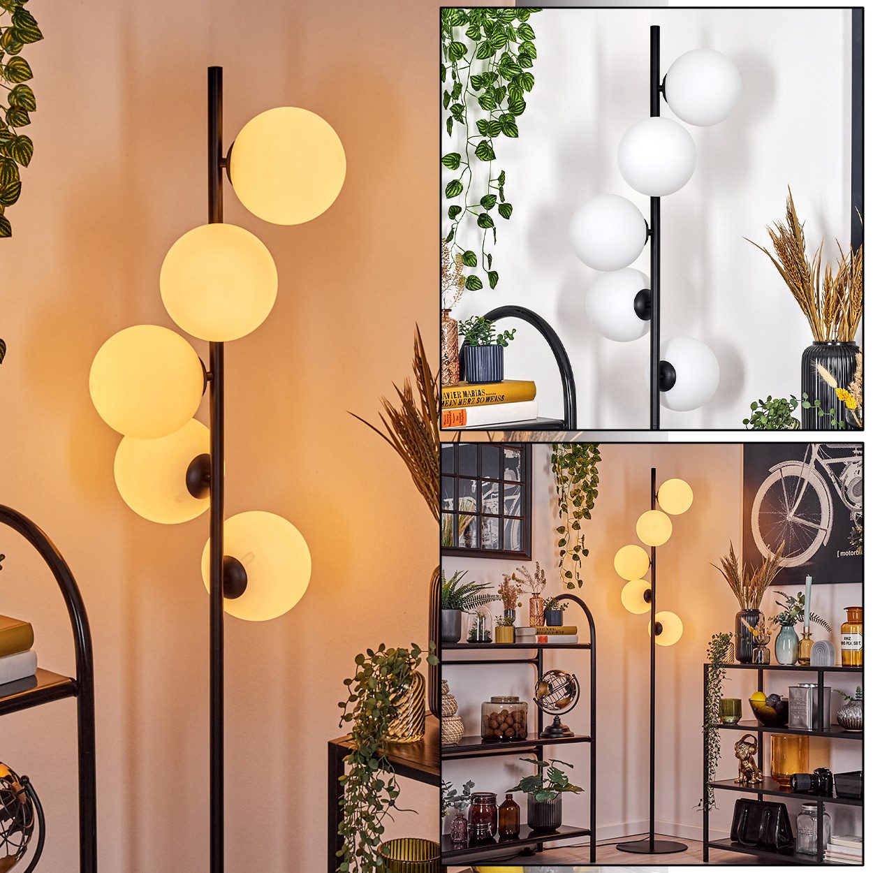 hofstein Stehlampe Stehlampe aus Metall/Glas in Schwarz/Weiß/Milchglas mit Fußschalter, ohne Leuchtmittel, Stehleuchte im Retro/Vintage-Design mit Glasschirmen (15 cm), E14