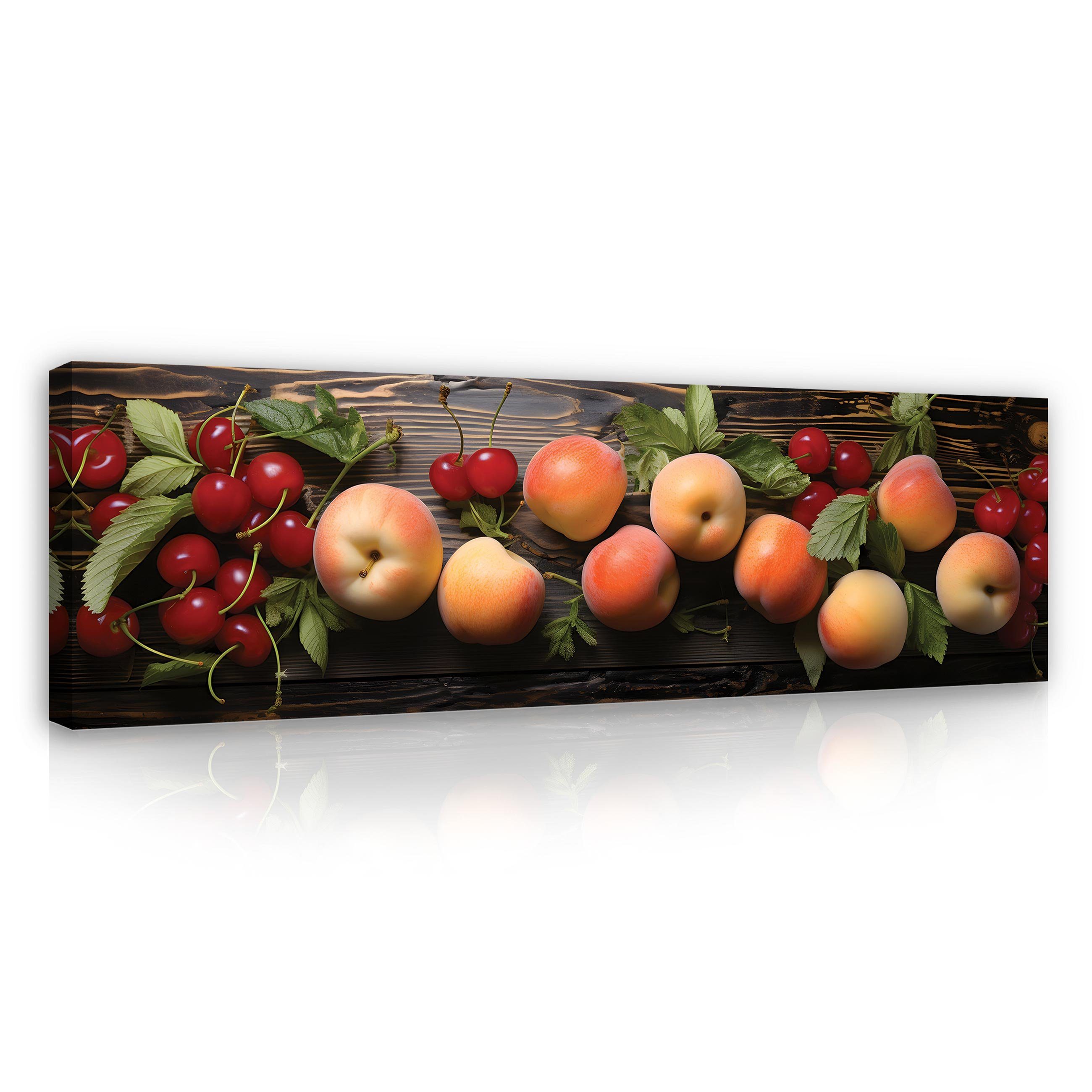 Wallarena Leinwandbild Küche Obst Kirschen Pfirsiche Esszimmer Wandbild XXL Leinwandbilder, Obst (Einteilig, 1 St), Leinwandbild Leinwand Bilder Bild Groß Aufhängefertig