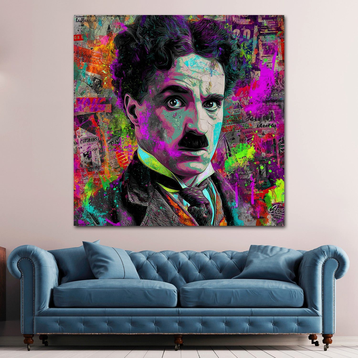 Artedinoi Leinwandbild Pop Art Chaplin Porträt Neonfarben Leinwandbild Wandbild Kunstdruck XL, Chaplin in Neonfarben