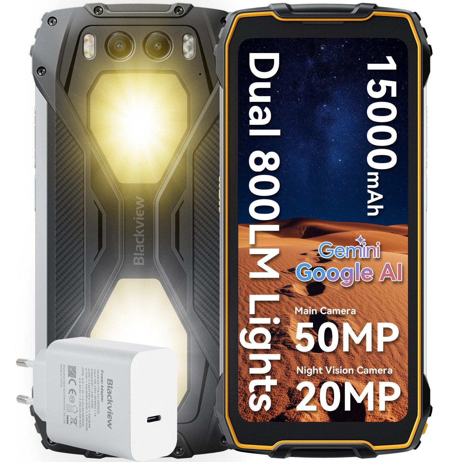 blackview BV7300 256GB AI Ohne Vertrag incl. 45W USB-Ladegerät Handy (50 MP Kamera, 800LM Campinglicht, 15000mAh, 45W, 50MP, 32MP, 20MP, 6,67", NFC)