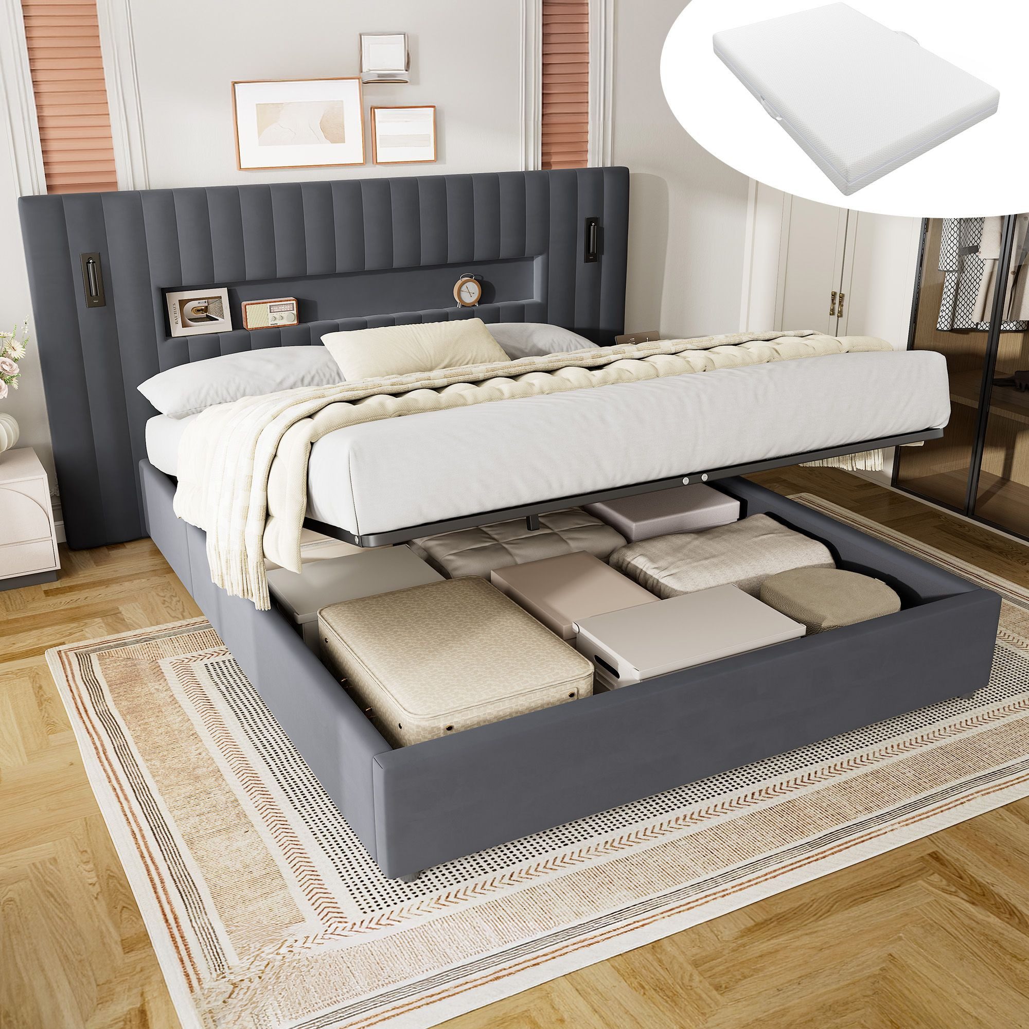 HAUSS SPOLE Polsterbett 180×200 Doppelbett mit Bettkasten,Jugendbett Samt mit Matratze,Grau (Doppelbett Funktionbett mit Samtstoff-Oberfläche und Polsterrahmen für Schlafzimmer, mit einer 20 cm dicken Matratze), Komfortbett mit Lattenrost und bereitem Kopfteil