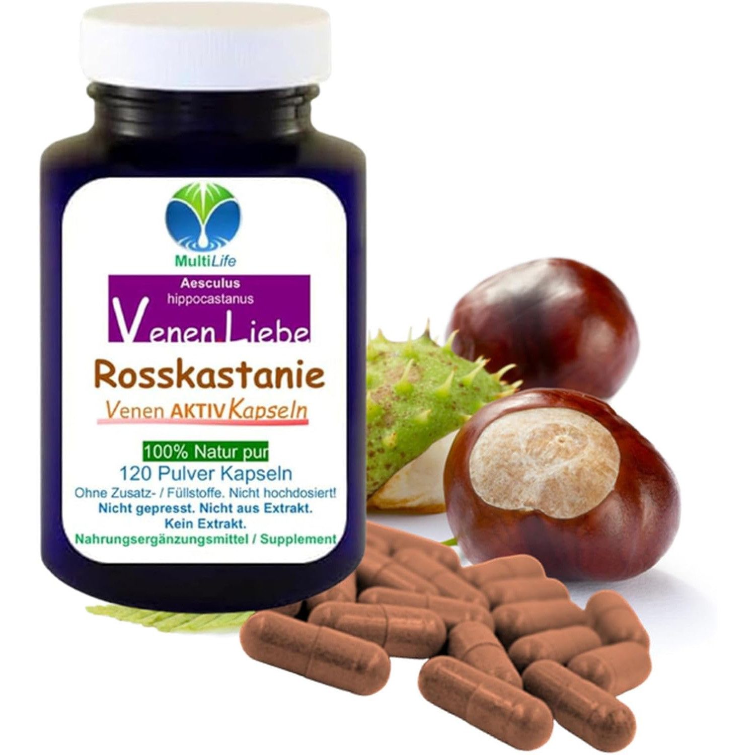 VitalLife Rosskastanie Venen AKTIV "Stützstrümpfe von Innen" OHNE Zusatzstoffe Kapseln, 1 er Dose à 120 St., 66 g
