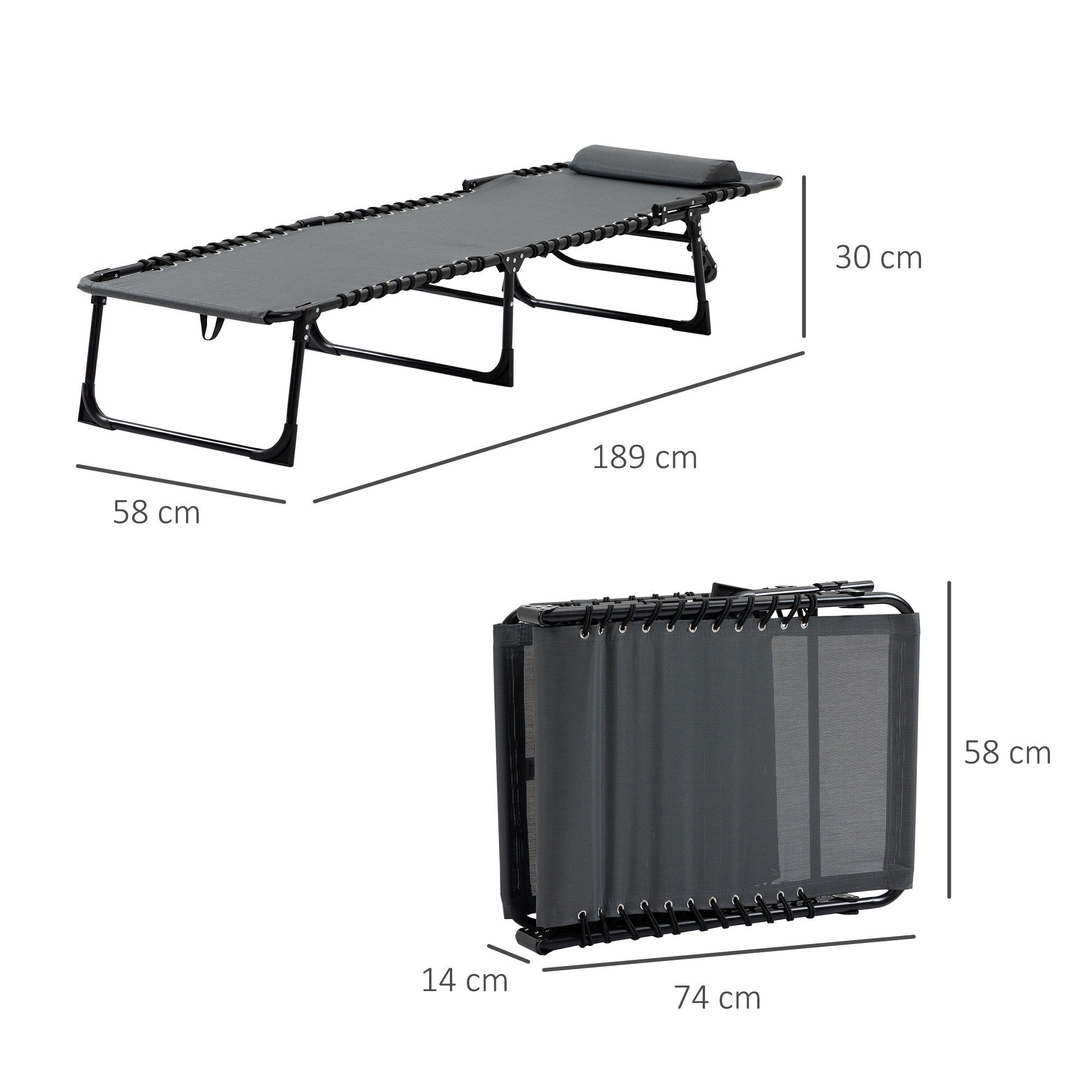 Outsunny Gartenliege Campingliege mit Kopfkissen, Seitentasche, verstellbare Rückenlehne, Sonnenliege klappbar, 1 St., wetterfeste Liegestuhl, bis 120 kg belastbar, für Garten Strand Pool, Grau