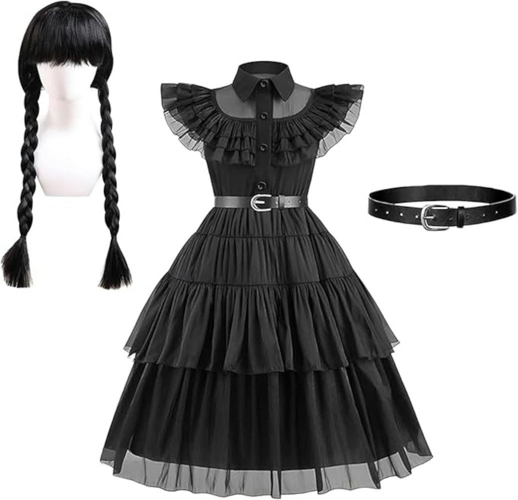 UE Stock Kostüm Mädchen 4-tlg. Cosplay Nevermore Wednesday Addams Halloween Kleid, für Wednesday Addams Fans