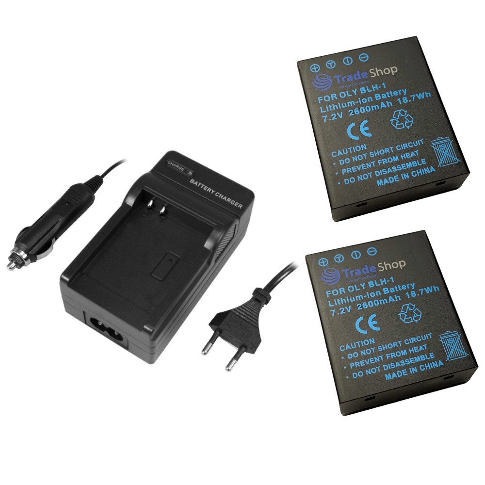 Trade-Shop 3in1 Set passend für Olympus Mark III E-M1X Ladegerät + 2x Kamera-Akku Li-Ion 2600 mAh (7,2 V), Für 220V Steckdose und 12V/24V Kfz Zigarettenanzünder