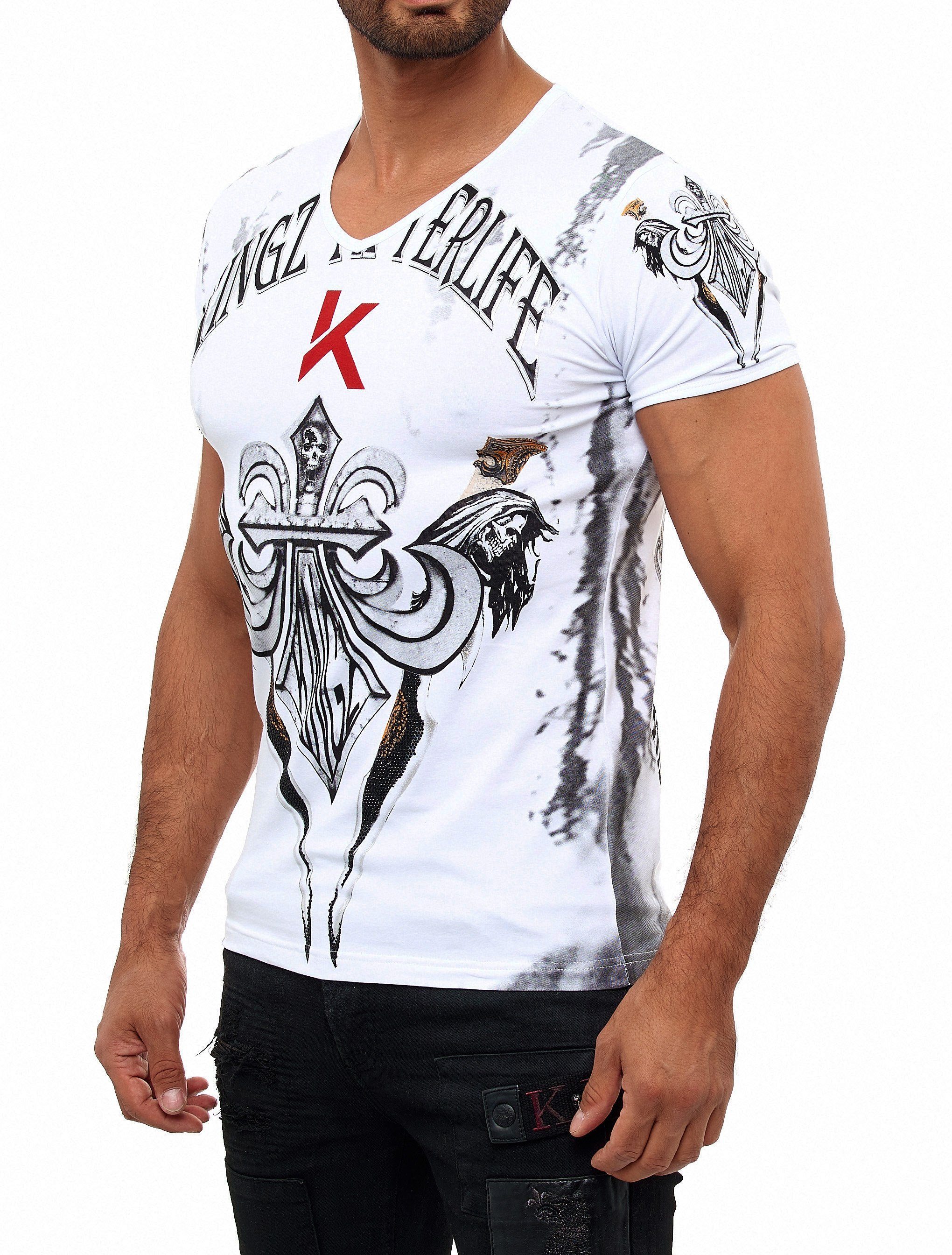 KINGZ T-Shirt mit schönem Lilien-Motiv weiß-silberfarben