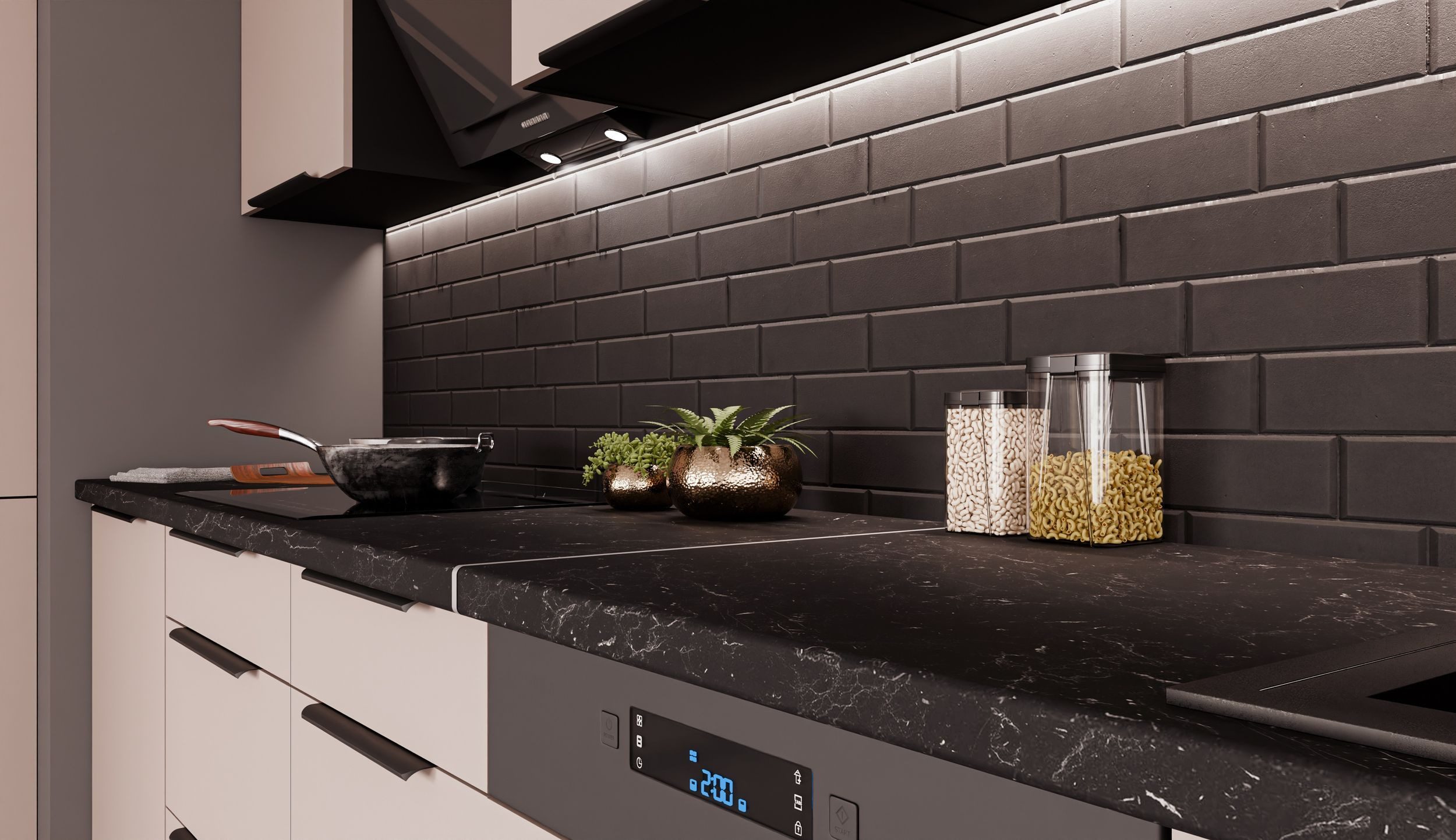 Kitchen Price Bomb: ARONA 280 + 180 Kitchen Unit, Kitchen Block, Fitted Kitchen, Cashmere Beige Black