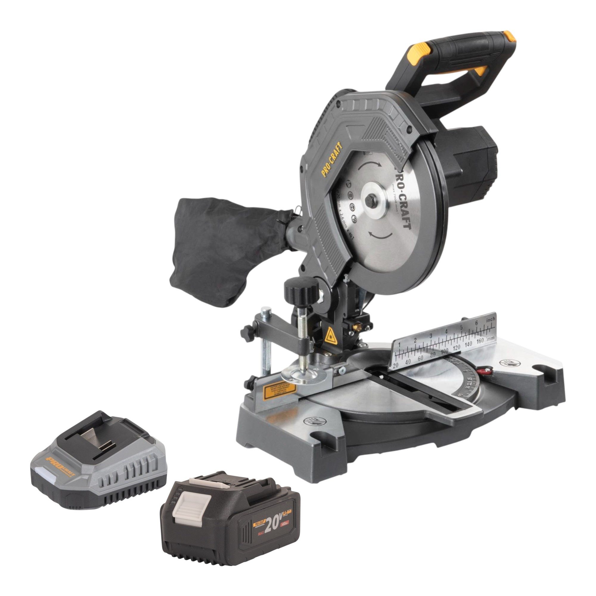 PRO CRAFT Akku-Kapp-Gehrungssäge PGS20bb 20 V 210 mm Brushless + 1x Akku 4,0 Ah + Ladegerät
