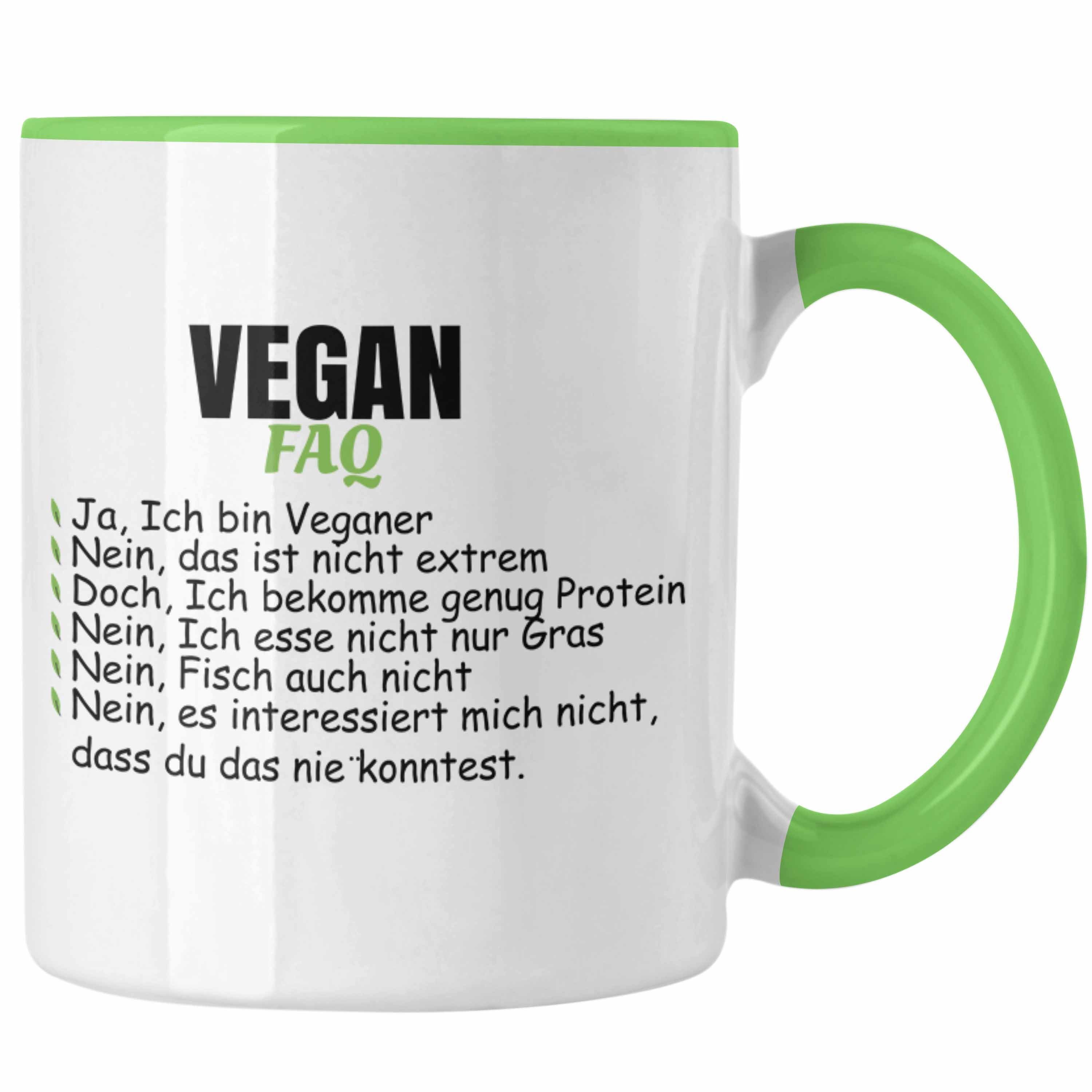 Trendation Tasse Trendation - Veganer Tasse Geschenk FAQ Vegan Geschenkidee Lustiger Spruch Vegane Lebensweise Spruch Grün