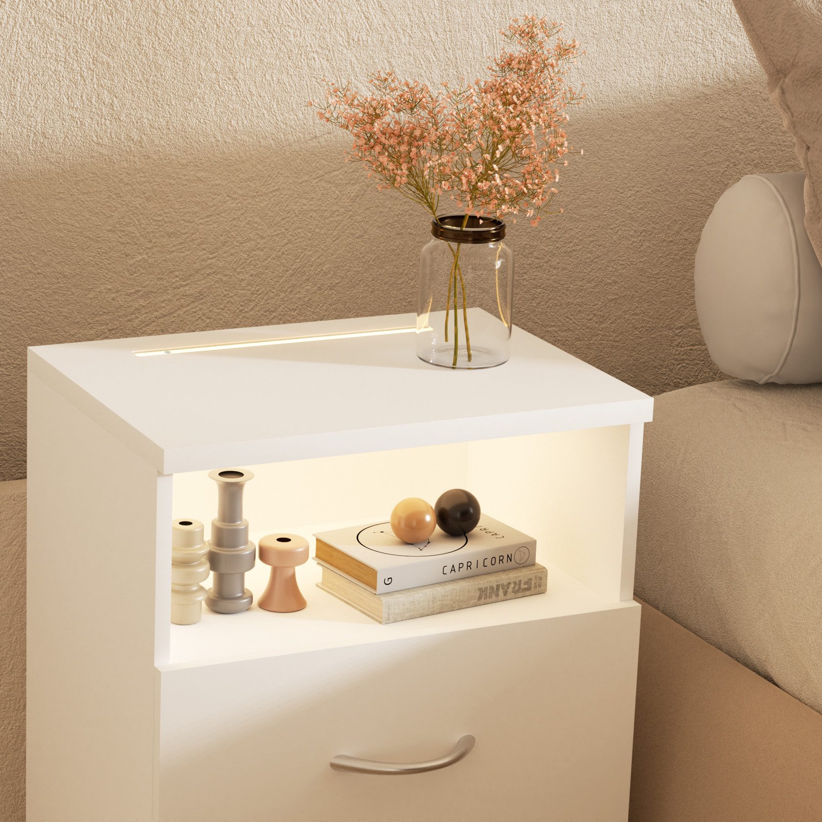 Casaria Nachttisch Jamie (1-St), mit Touch LED Beleuchtung 40x28x55cm Dimmbar Holz 2 Schubladen Bett