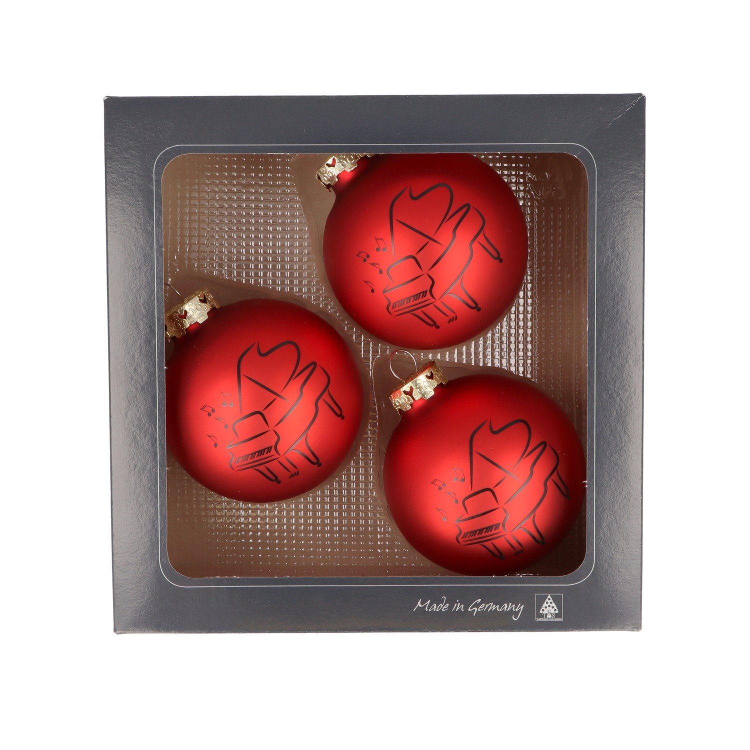 Musikboutique Weihnachtsbaumkugel, 3er-Set aus Glas mit schwarzem Piano-Druck, Farbe rot