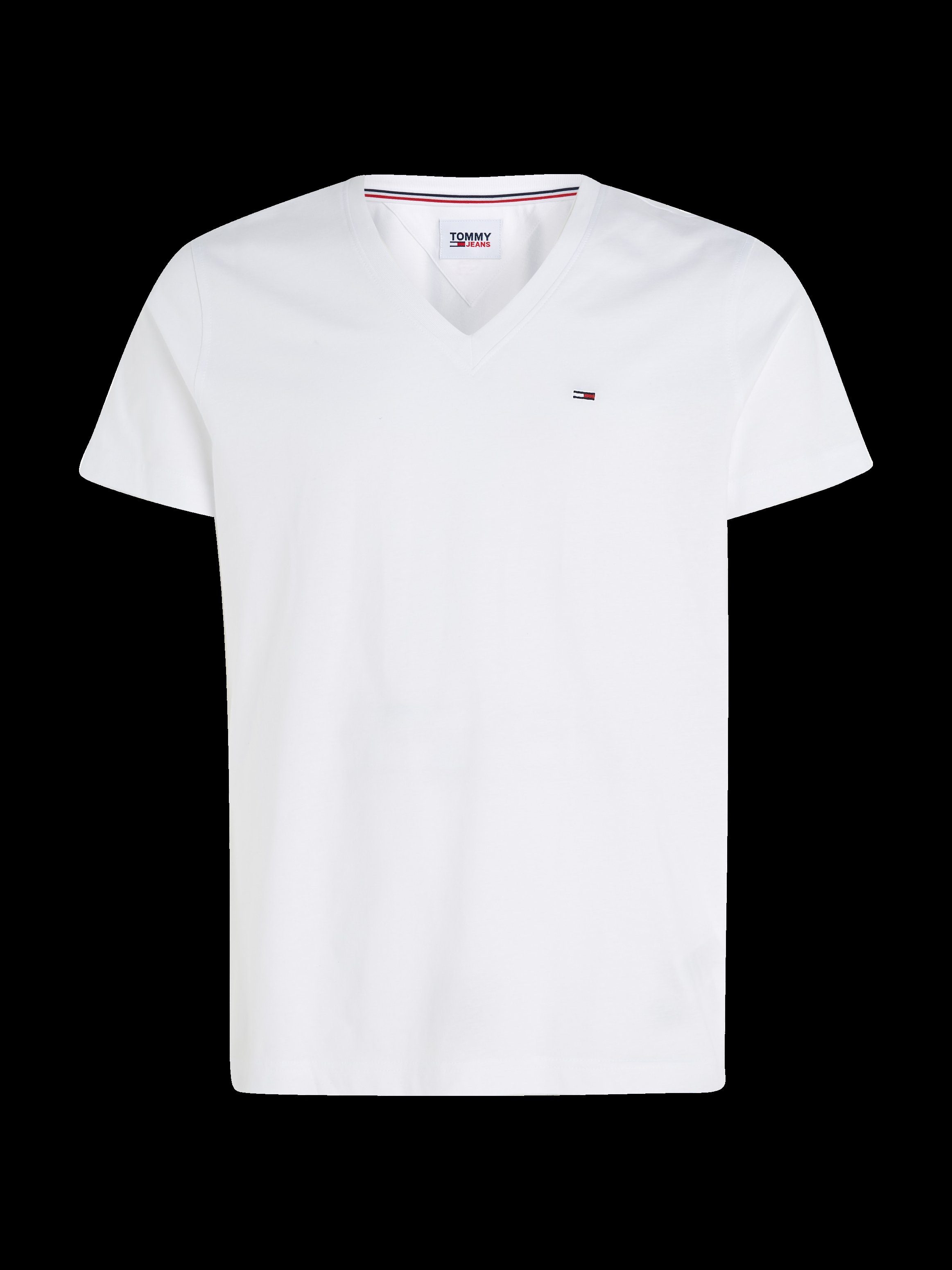white TEE ORIGINAL Logo-Flag 100 dezenter V classic Jeans Tommy TJM JERSEY T-Shirt und V-Ausschnitt NECK mit