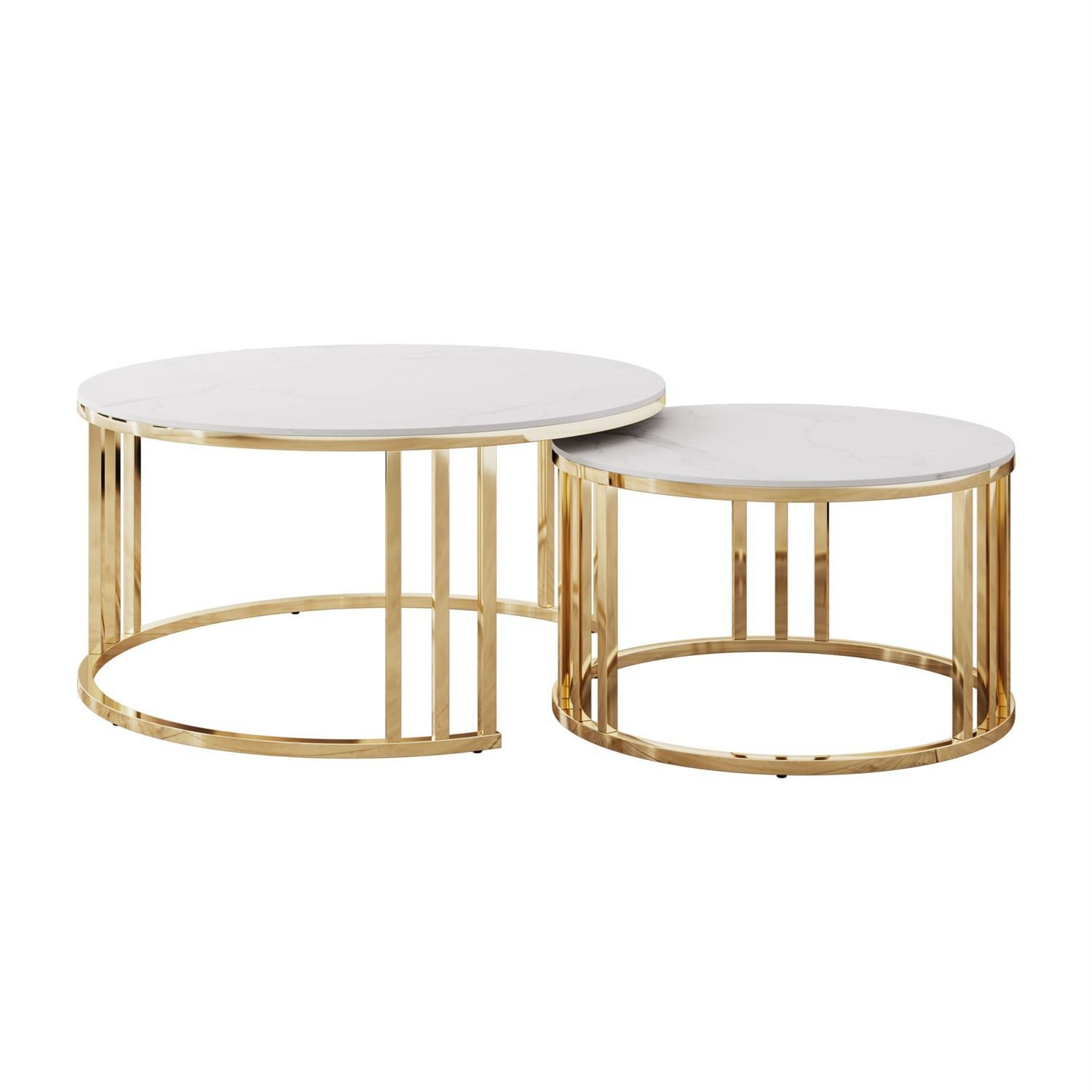 ALLHOUSE24 Couchtisch LINE 2 in 1 mit goldenem Metallgestell und Marmorplatte Sofatisch (2er-Set), Durchmesser: 80 cm/60 cm