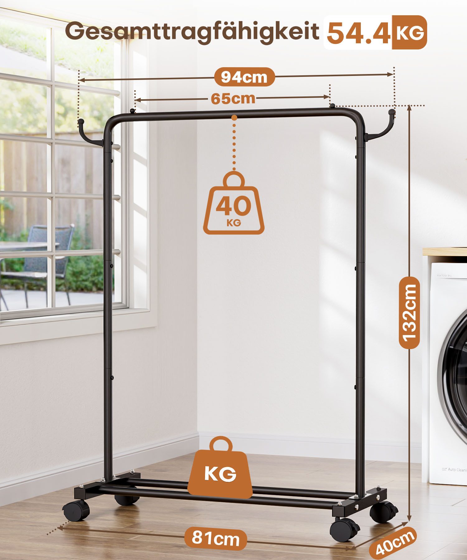 Yorbay Kleiderständer Garderobenständer auf Rollen, bis 50 kg belastbar, Platzsparend, 94cm breit, Schwarz – Bild 3 von 5