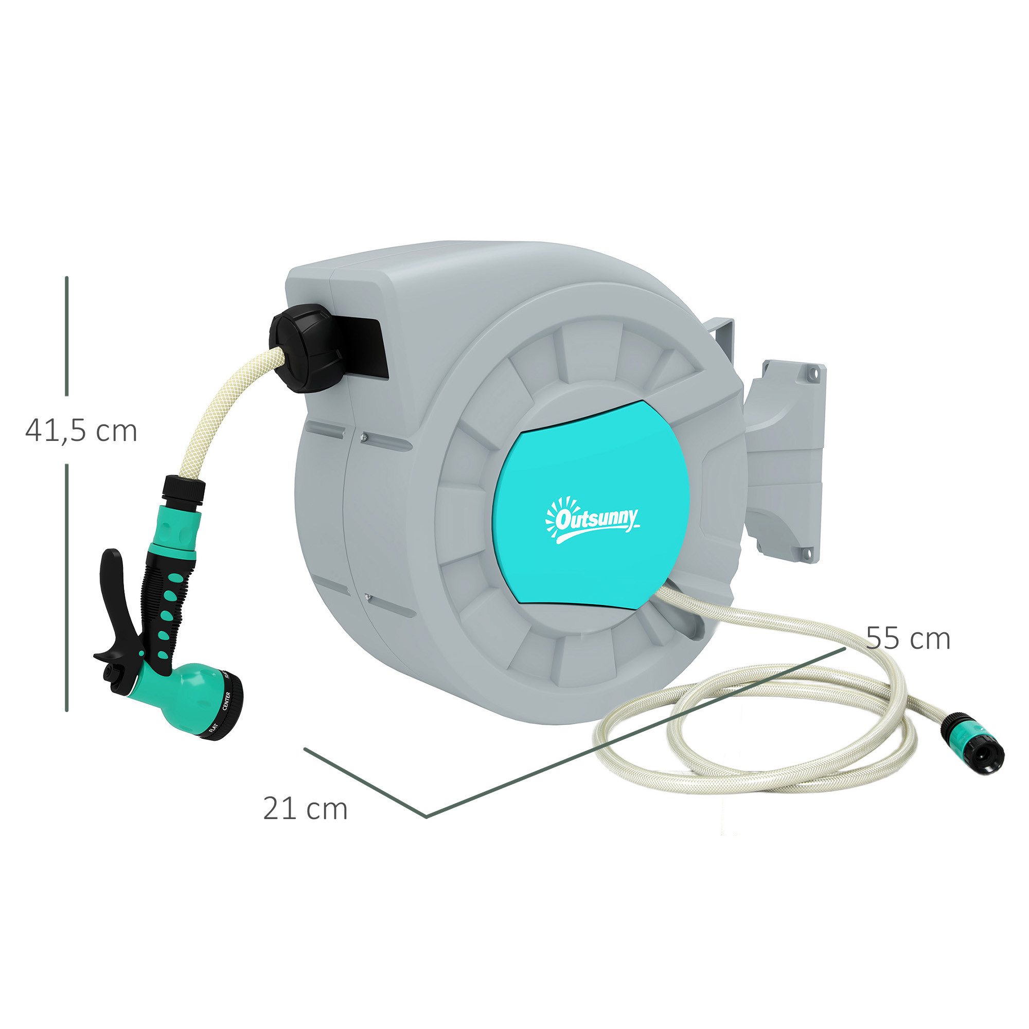 Outsunny Schlauchtrommel mit Gartenschlauch 20m, 180° schwenkbar, zur Wandmontage, (Schlauchaufroller, 1-tlg., Schlauchbox), mit automatische Aufrollung, 7-Funktionen Handbrause, Grau