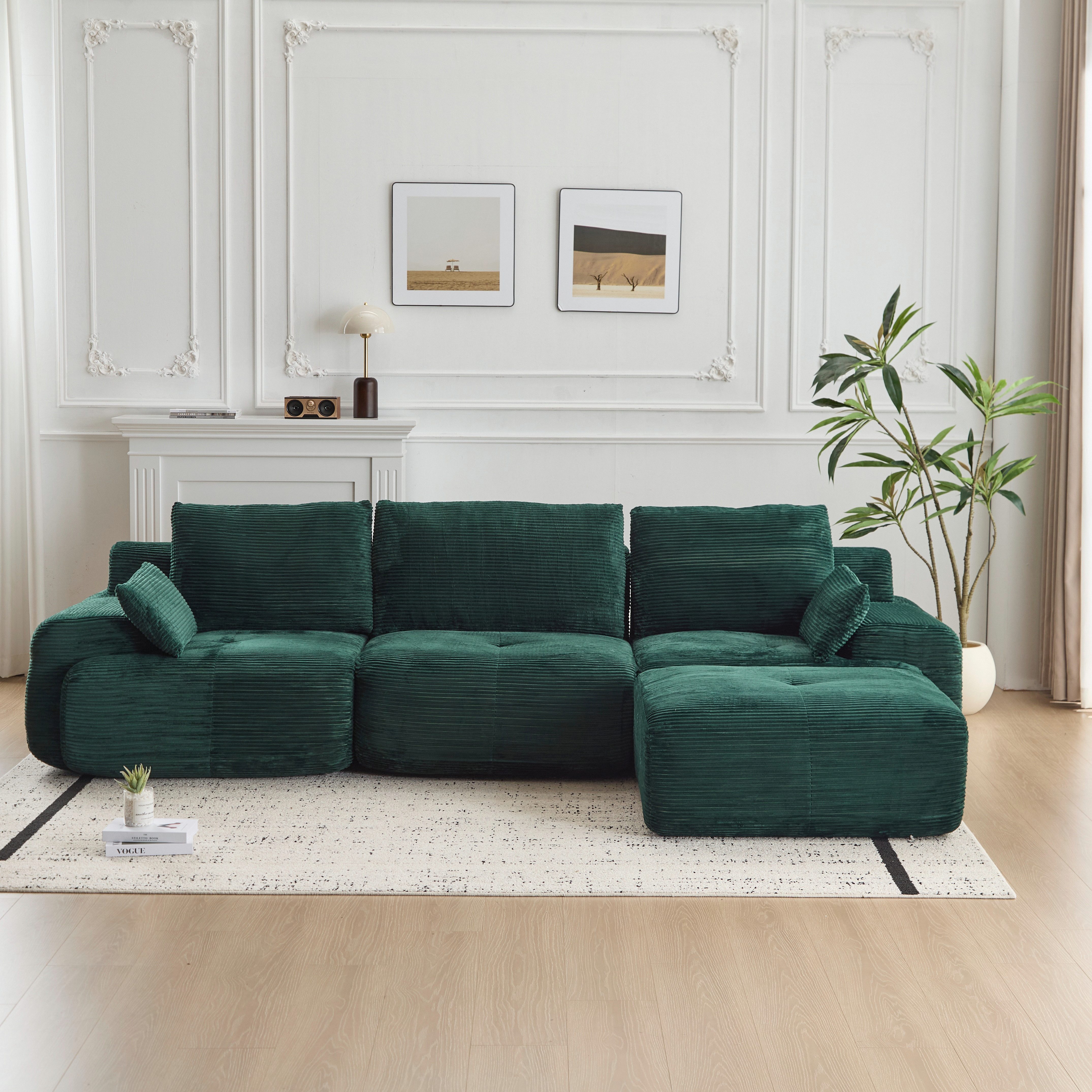Leawin Ecksofa Ecksofa 3-Sitzer Sofa mit Hocker, ohne Montage, ergonomisch, Modulares Sofa, 32D Polsterung für Wohnzimmer, Schlafzimmer & Büro