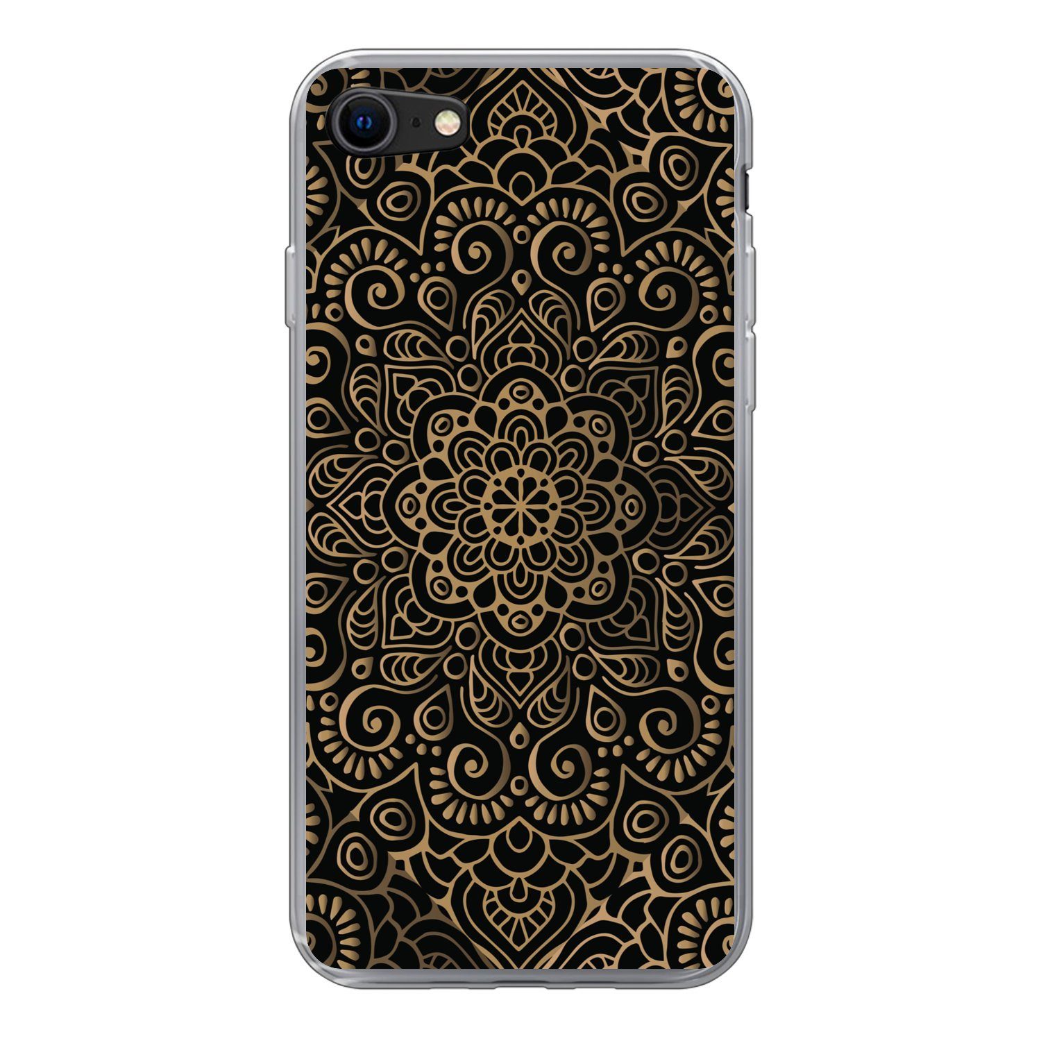 MuchoWow Handyhülle für Apple iPhone 8 Goldenes Muster auf schwarzem Hintergrund, Smartphone-Bumper, Print, Handy Schutzhülle Dünn