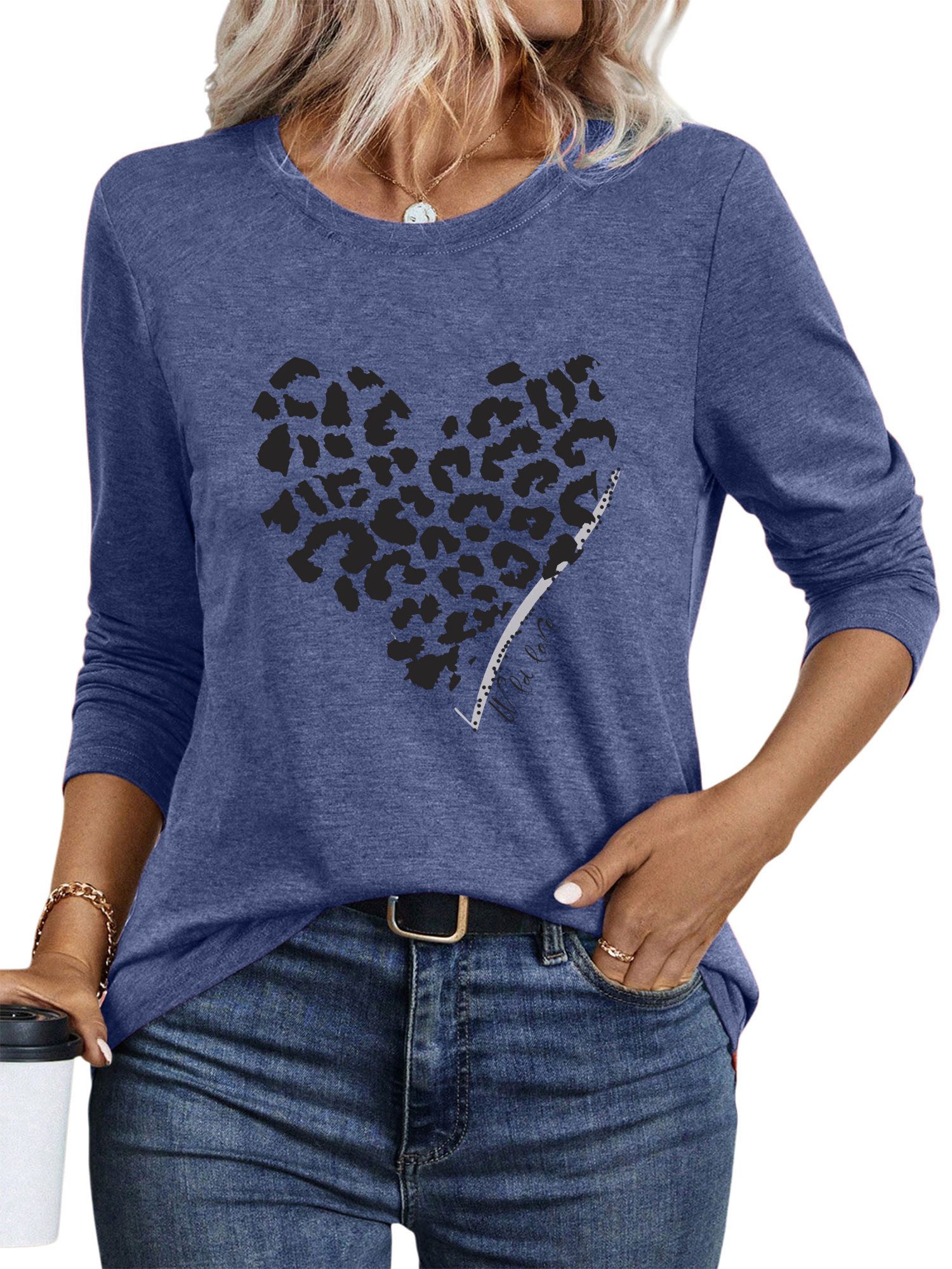 PYLIKE Langarmshirt Damen Casual Langarm mit Leopard Liebe Druck bequemes R günstig online kaufen