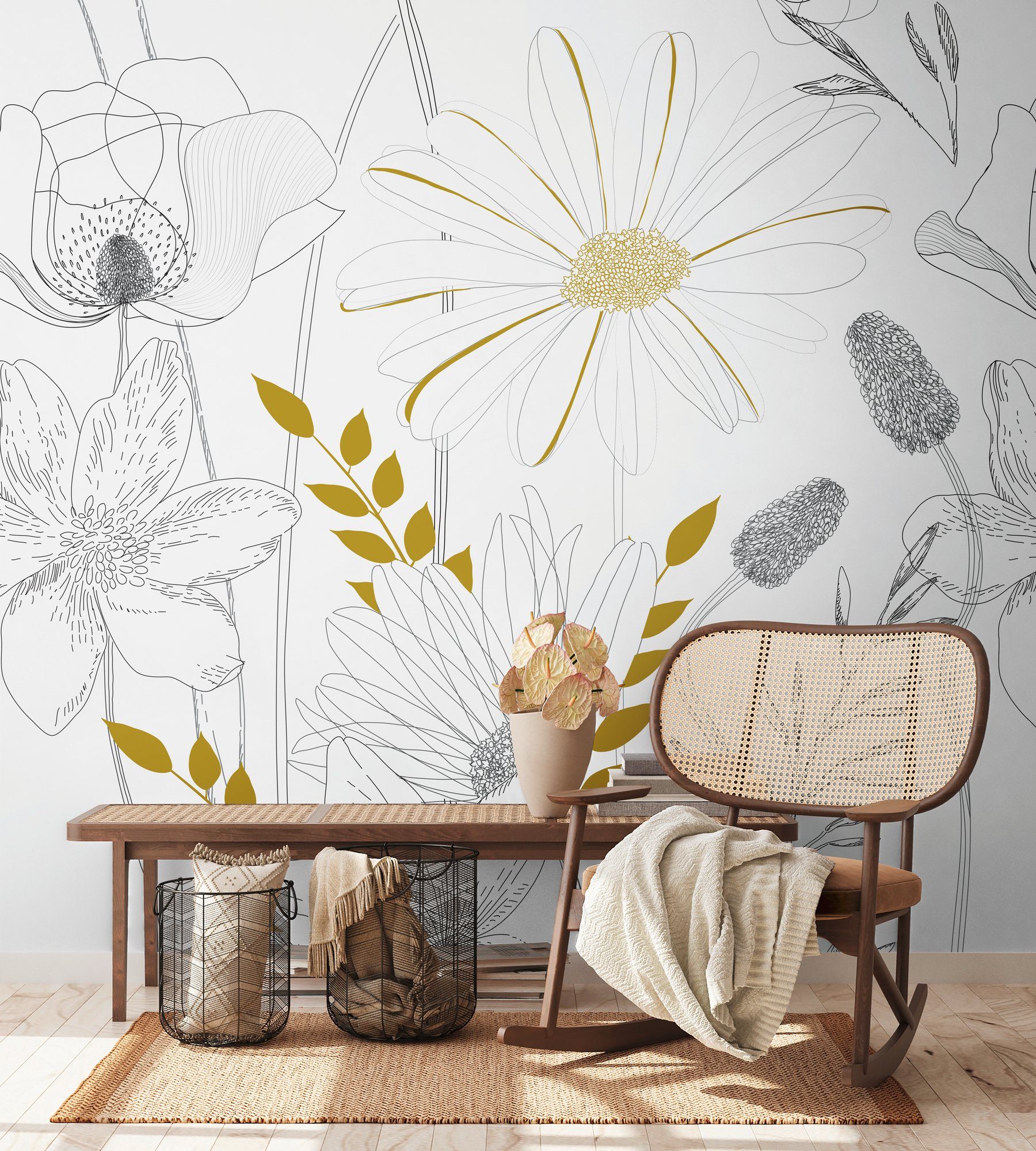 Floral Weiß,Gelb,Schwarz (1 Blumentapete living St), walls glatt, matt, Fototapete Floral, Fototapete