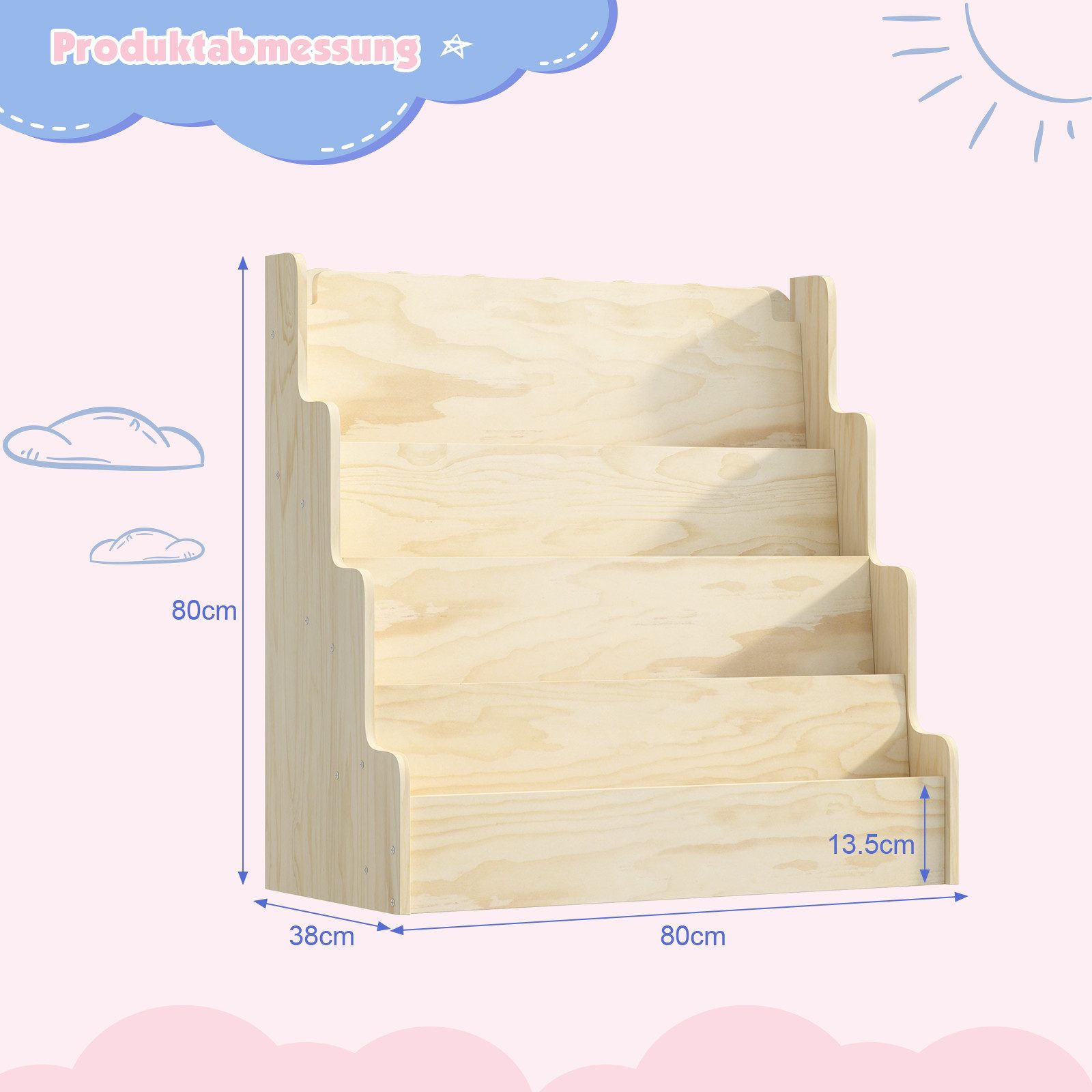 radelldar Bücherregal Kinderregal Montessori Kinder Kieferholz mit 4 Ablage günstig online kaufen