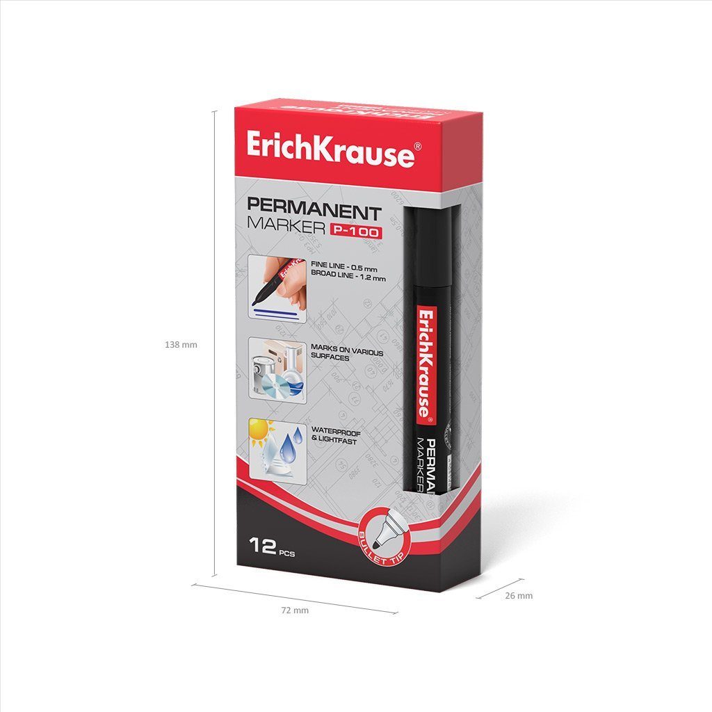 Erich 0,5-1,2mm Krause Marker 12 Stück Permanent wasserfest P-100 schwarz Marker,