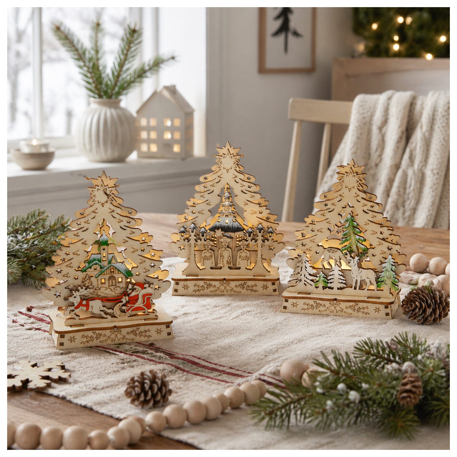 HTI-Living Schwibbogen LED Mini-Schwibbögen Weihnachtsbaum 3er-Set (3-tlg), Weihnachtsdekoration aus Holz, batteriebetrieben