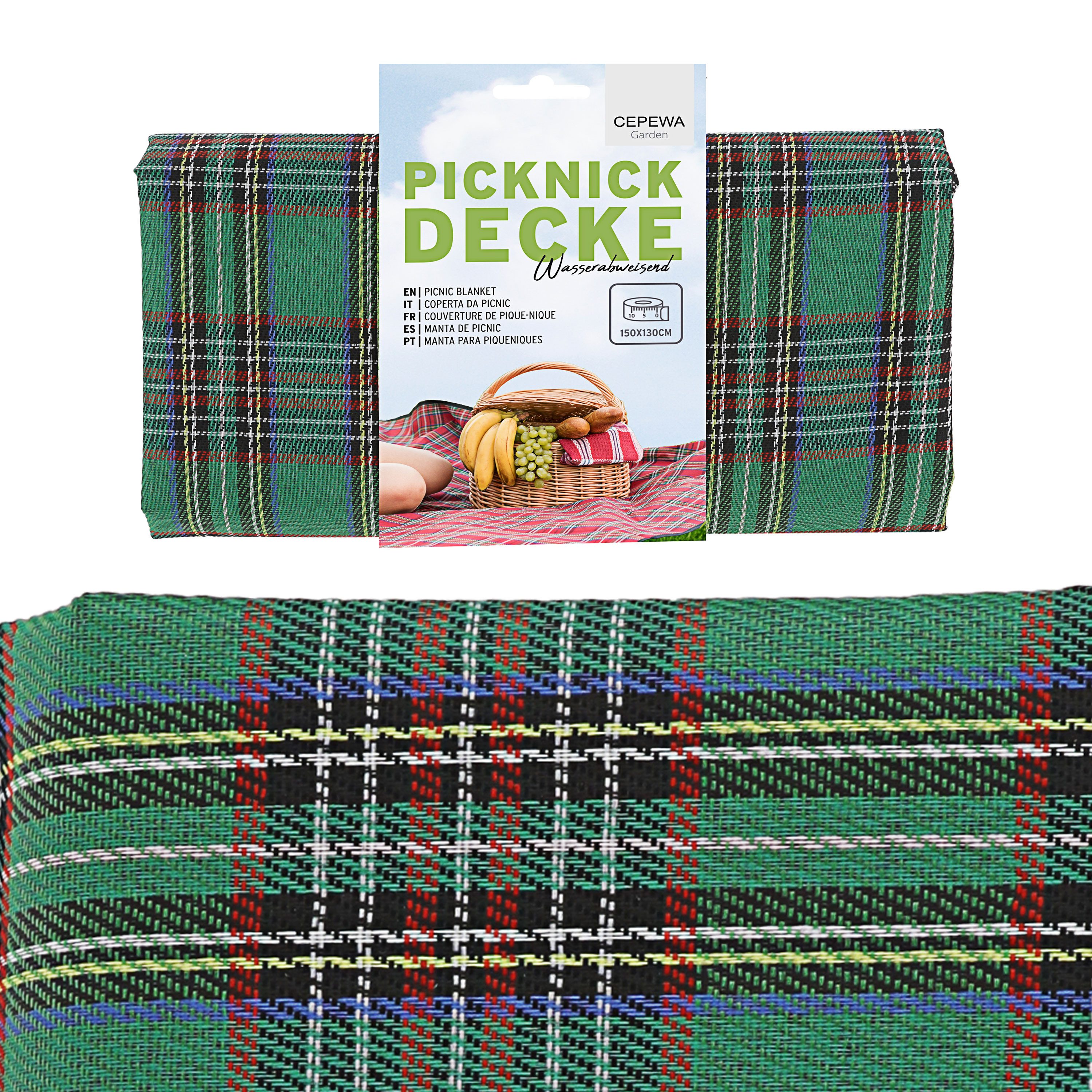 Outdoordecke Picknickdecke 150x130 grün Polyester Beschichtung wasserabweisend Karo, CEPEWA – Bild 5 von 5