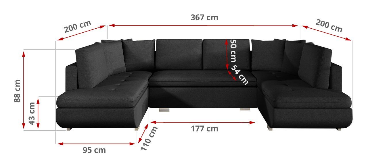 im | Stil Sitzfläche für Schwarz Schwarz Ecksofa MÖBEL gesteppter U, MKS Sawana modernen TARGEN das Sawana Wohnzimmer,