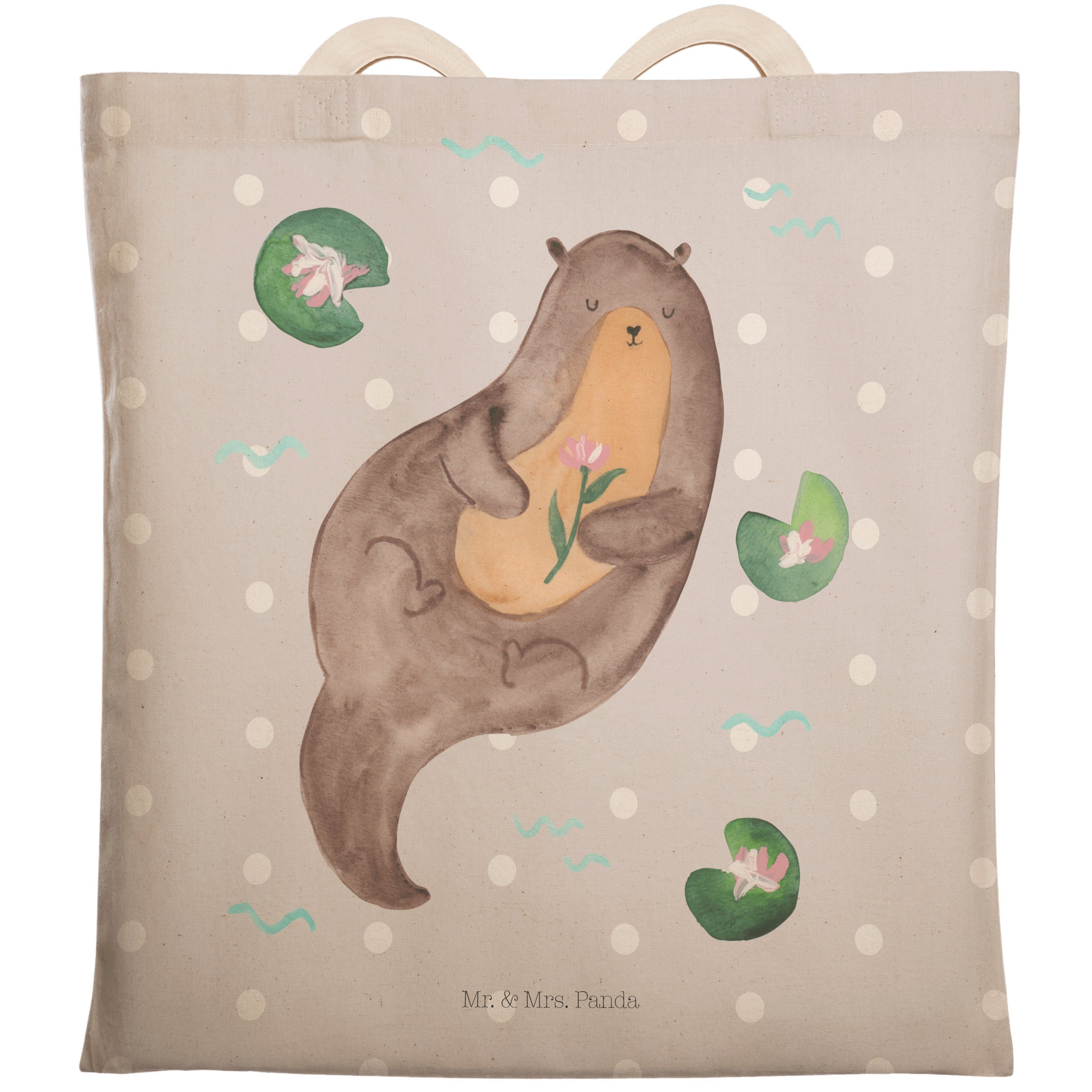 Mr. & Mrs. Panda Tragetasche Otter mit Seerose - Grau Pastell - Geschenk, Tasche, Otter Seeotter S (1-tlg)