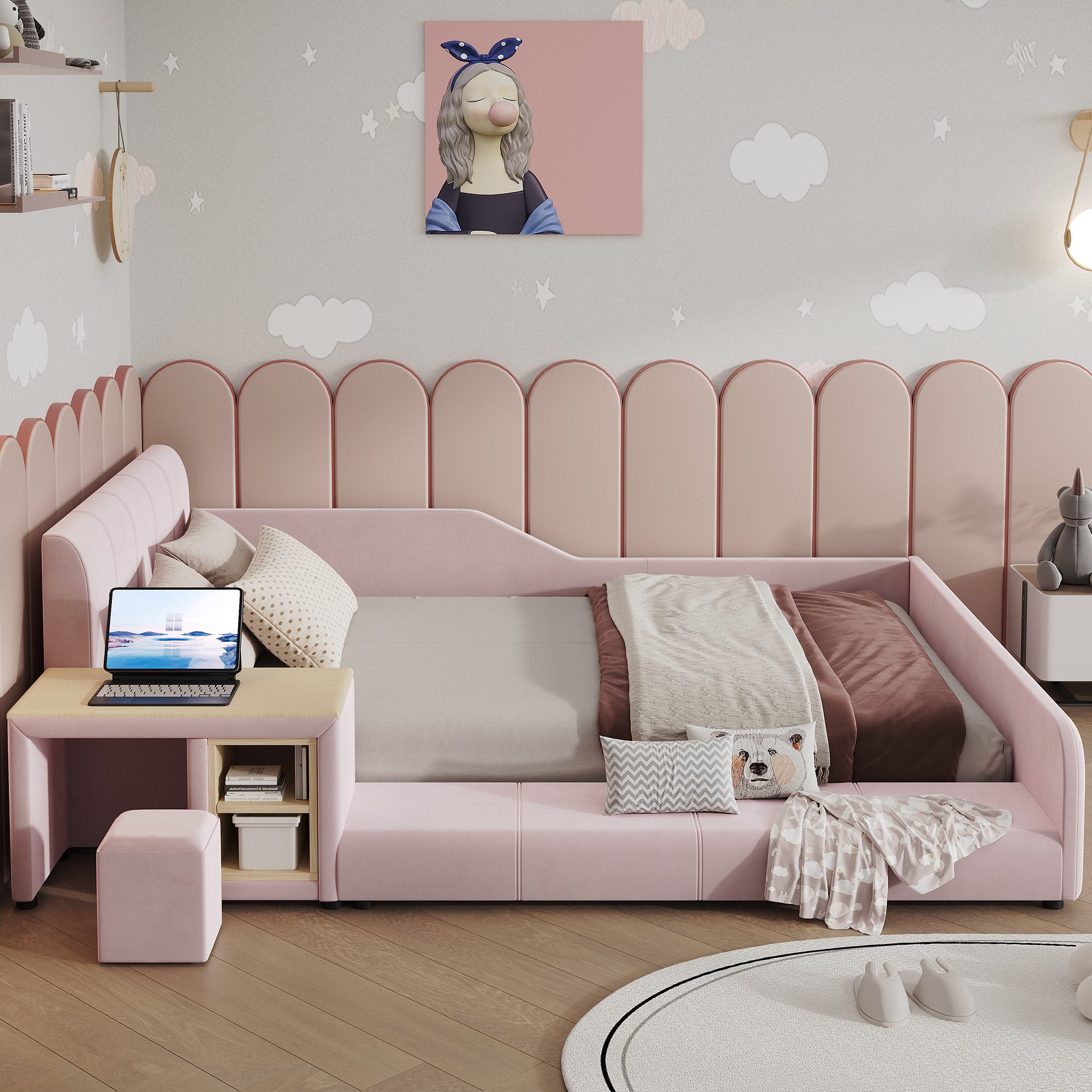 Flieks Polsterbett, Kinderbett 140x200cm mit Schreibtisch und Hocker mit Rausfallschutz