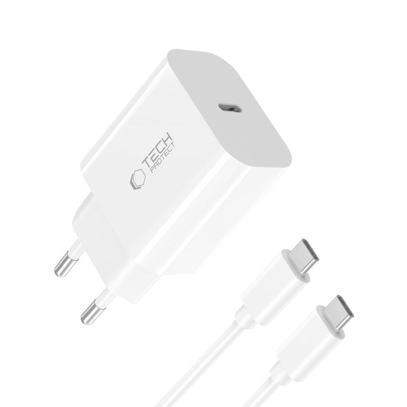 TECH PROTECT NC20W USB-Ladegerät (3000 mA, 1 x Netzladegerät, 1 x USB-C-auf-USB-C-Kabel (100 cm), Schnelles PD-Ladegerät mit USB-C-Kabel für unterwegs)